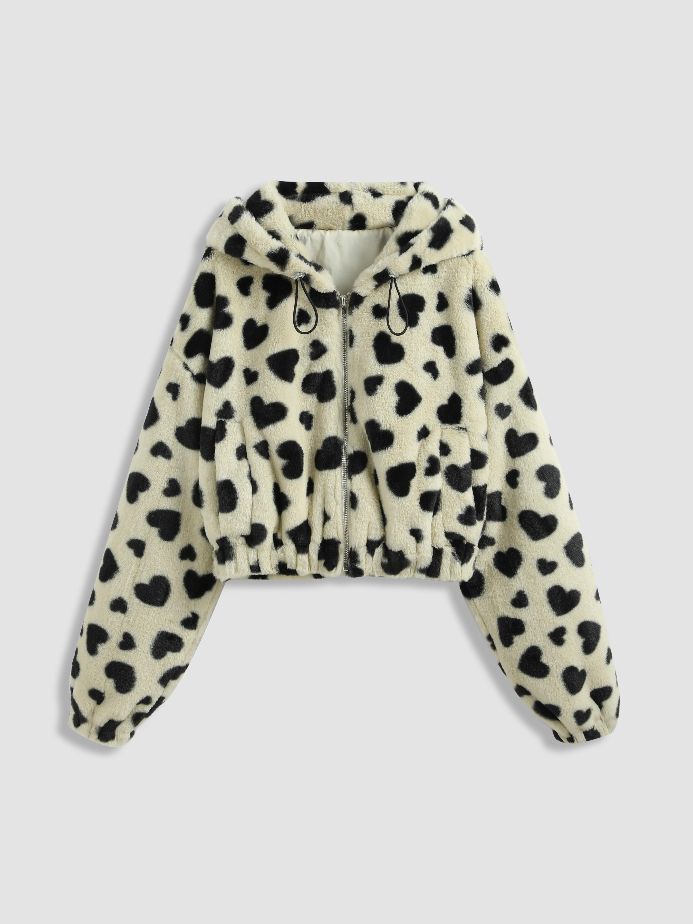 Fleece Hooded Leopard Drawstring Jacket by CIDER