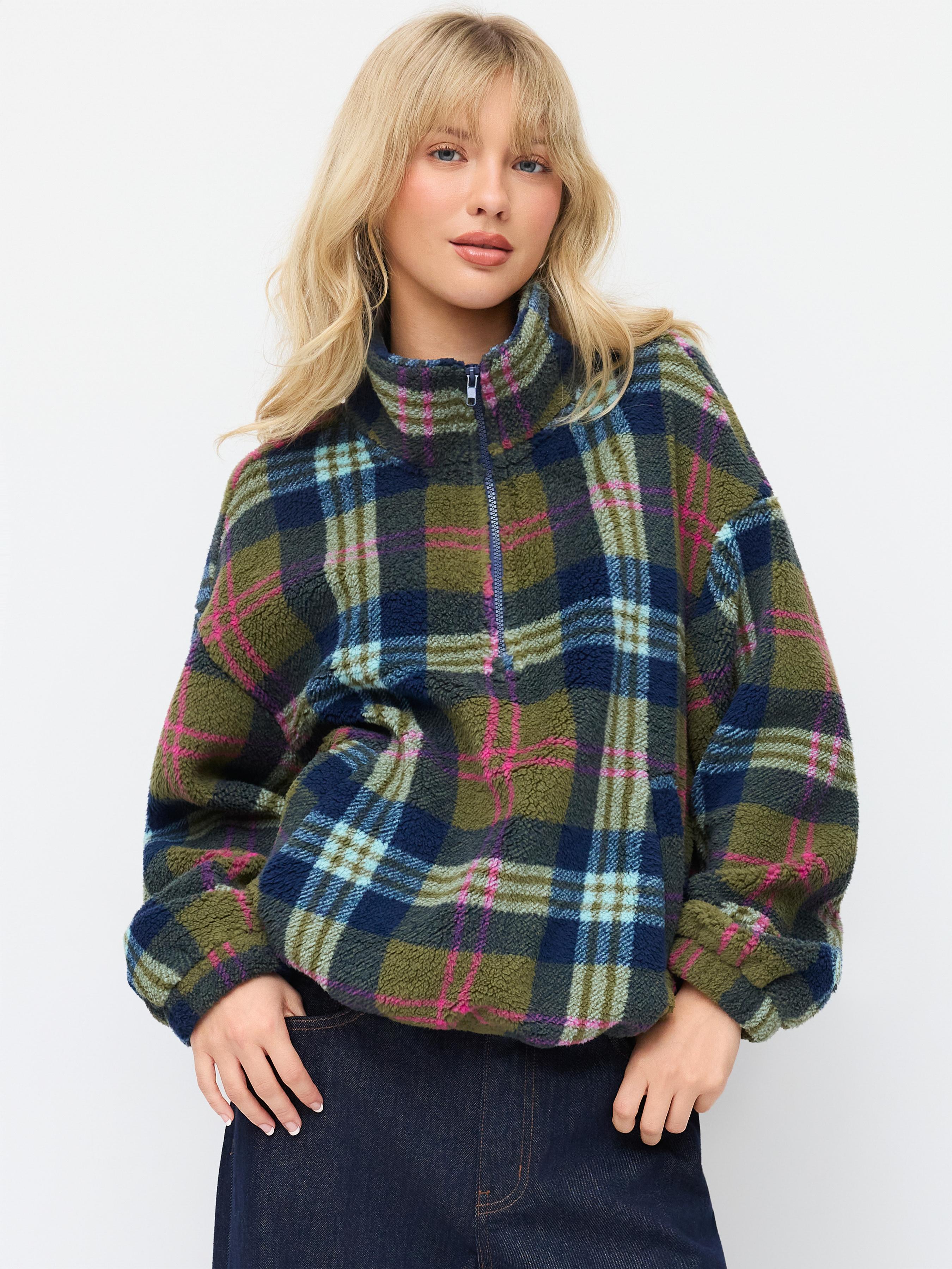 Fleece Plaid High Neck Half Zip Drawstring Oversized Sweatshirt by CIDER