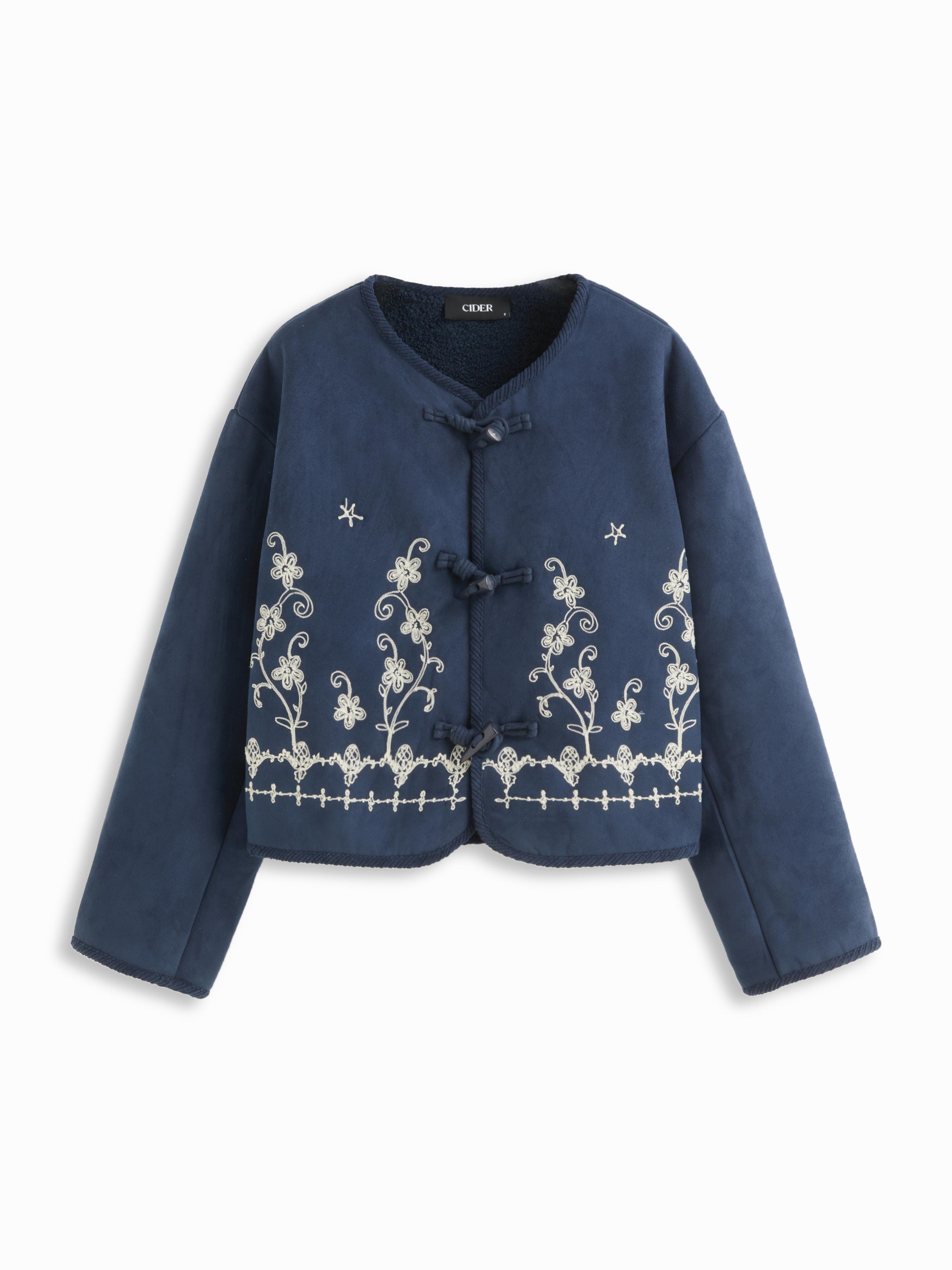 Fleece Round Neckline Floral Embroidery Toggle Button Jacket by CIDER