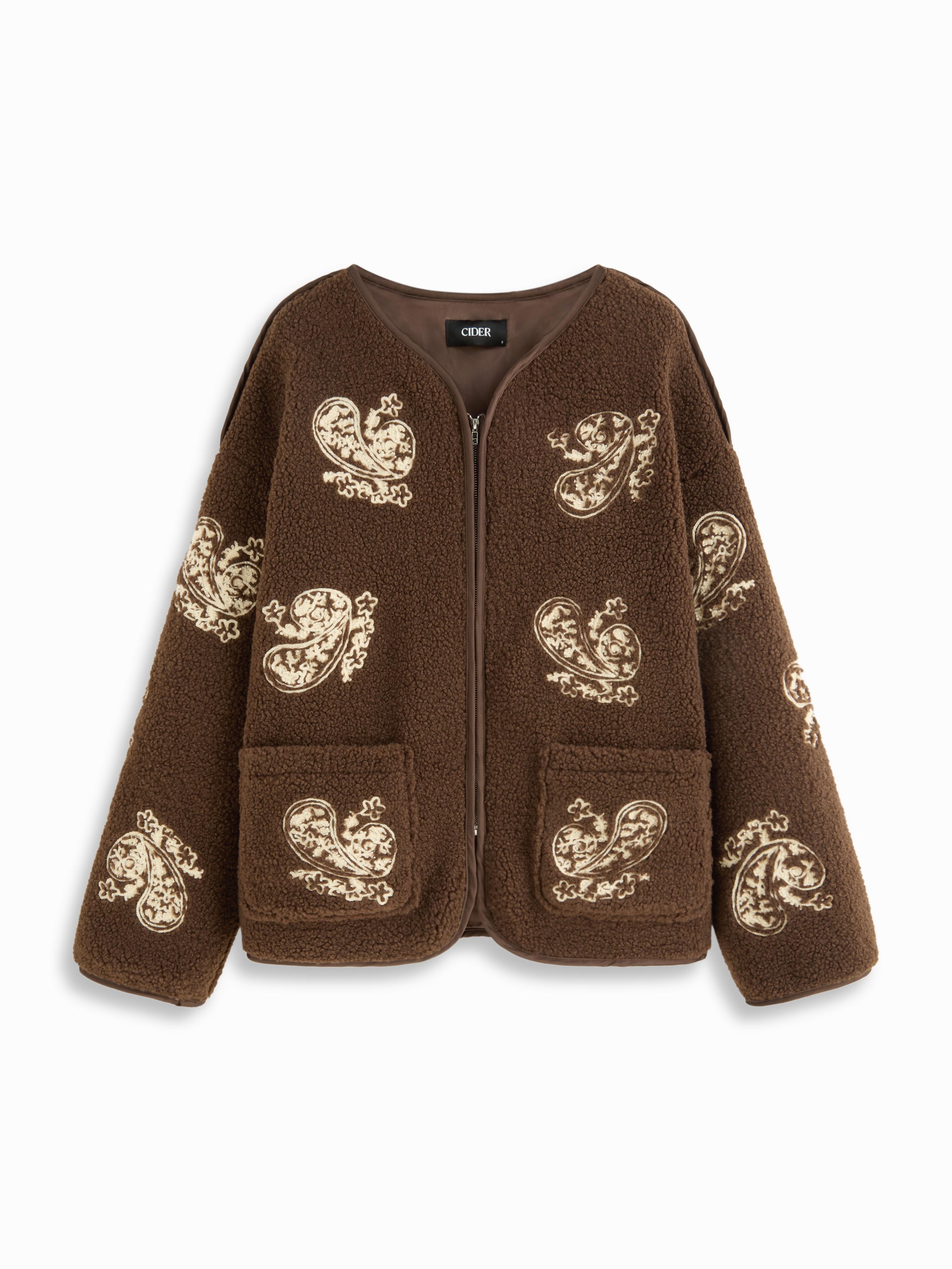 Fleece Round Neckline Paisley Embroidered Jacket by CIDER
