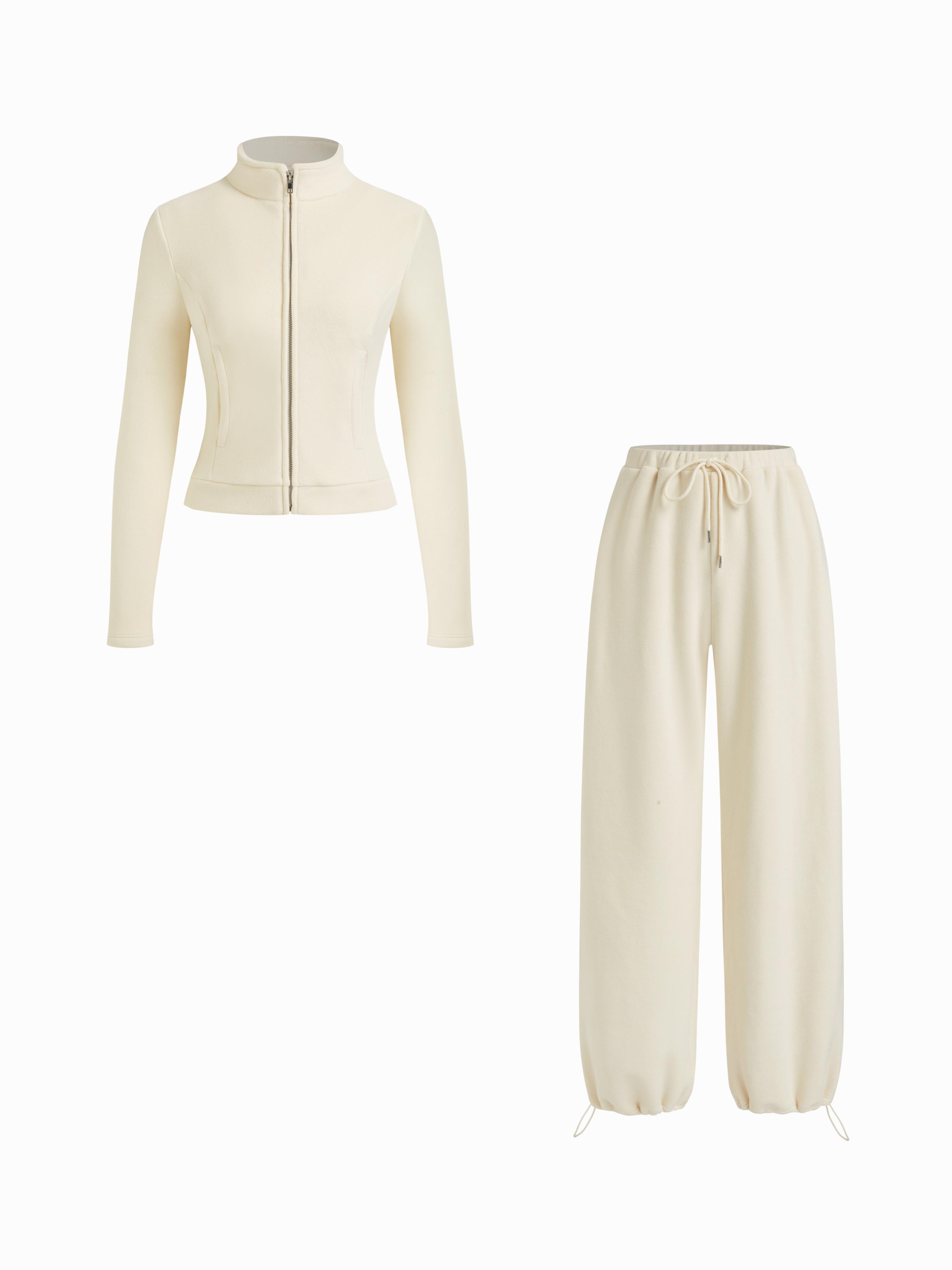 Fleece Stand Collar Top & Midi Rise Drawstring Straight Leg Pants Set by CIDER