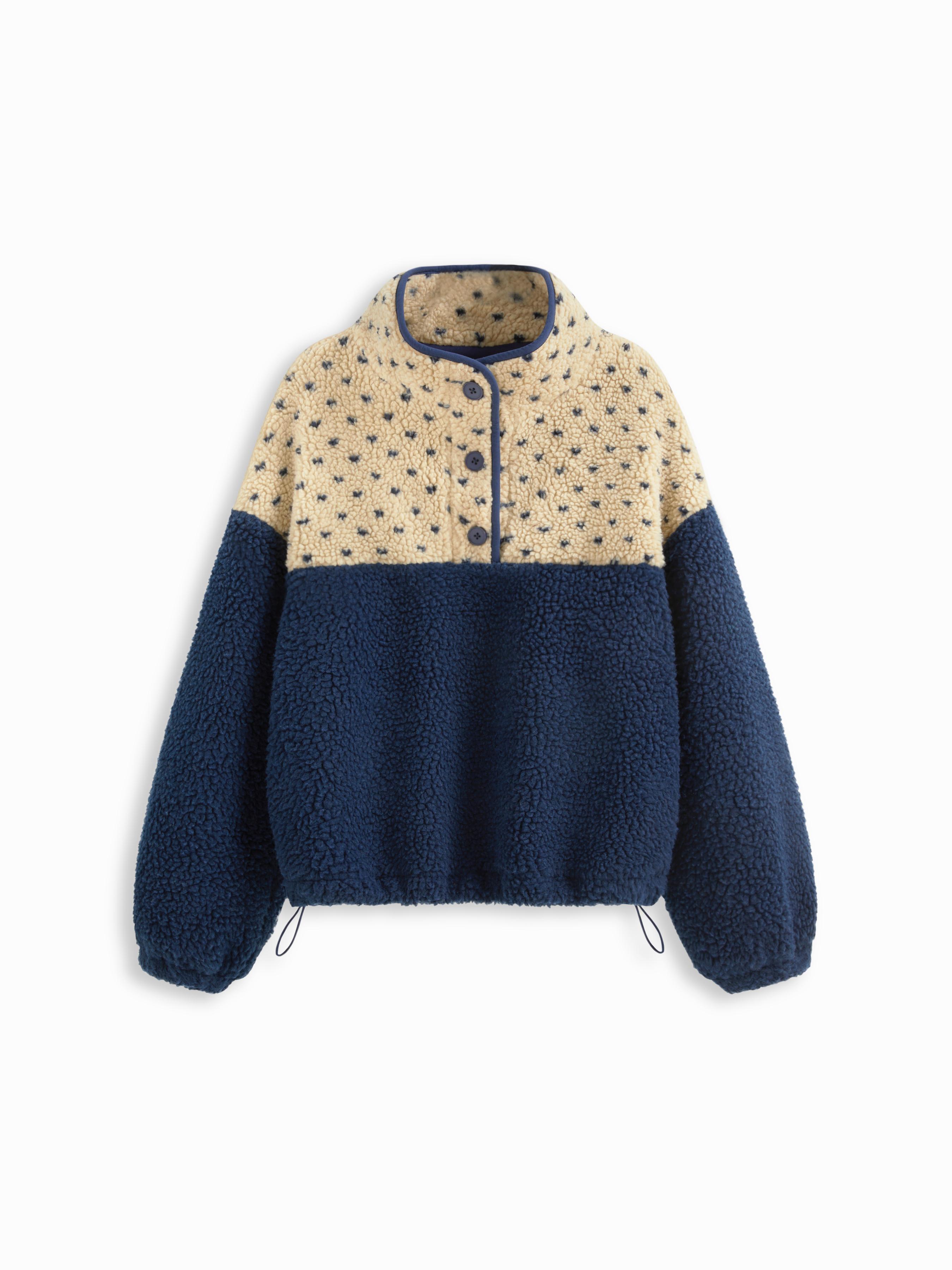 Fleece Stand Collar Two Tone Patchy Drawstring Oversized Sweatshirt by CIDER