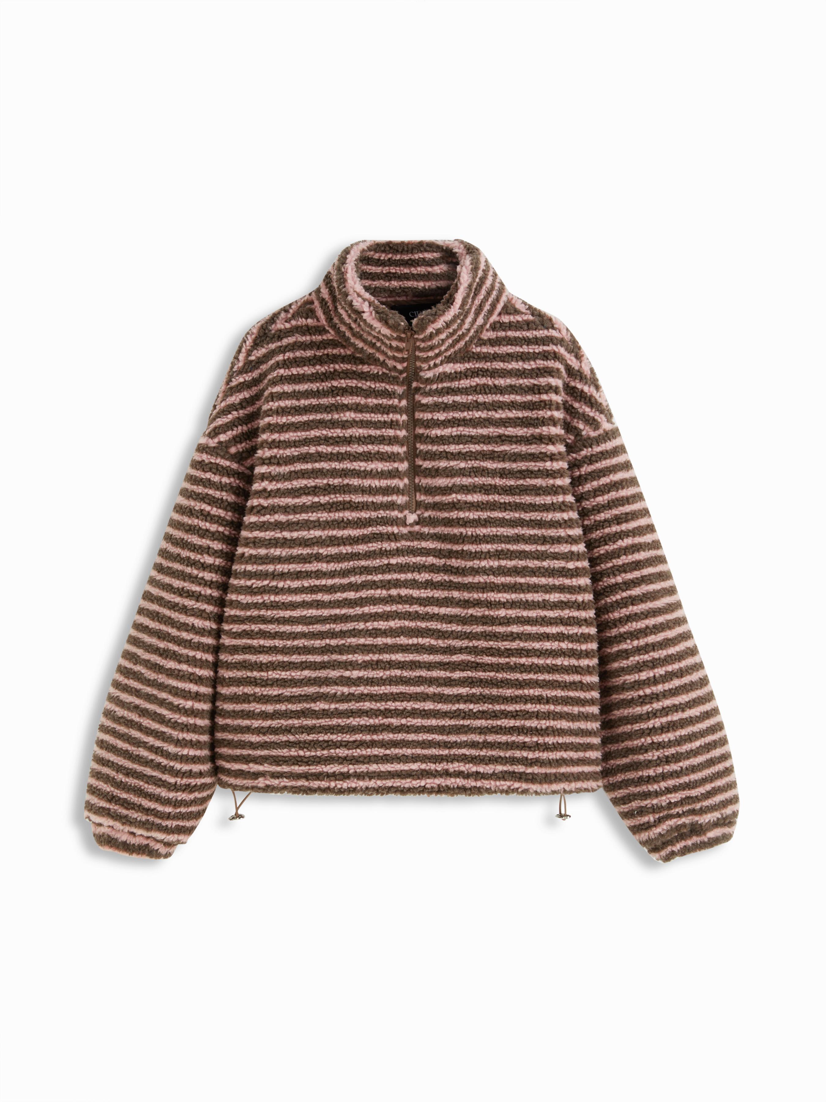Fleece Stripe Stand Collar Drawstring Half Zip Oversized Sweatshirt by CIDER