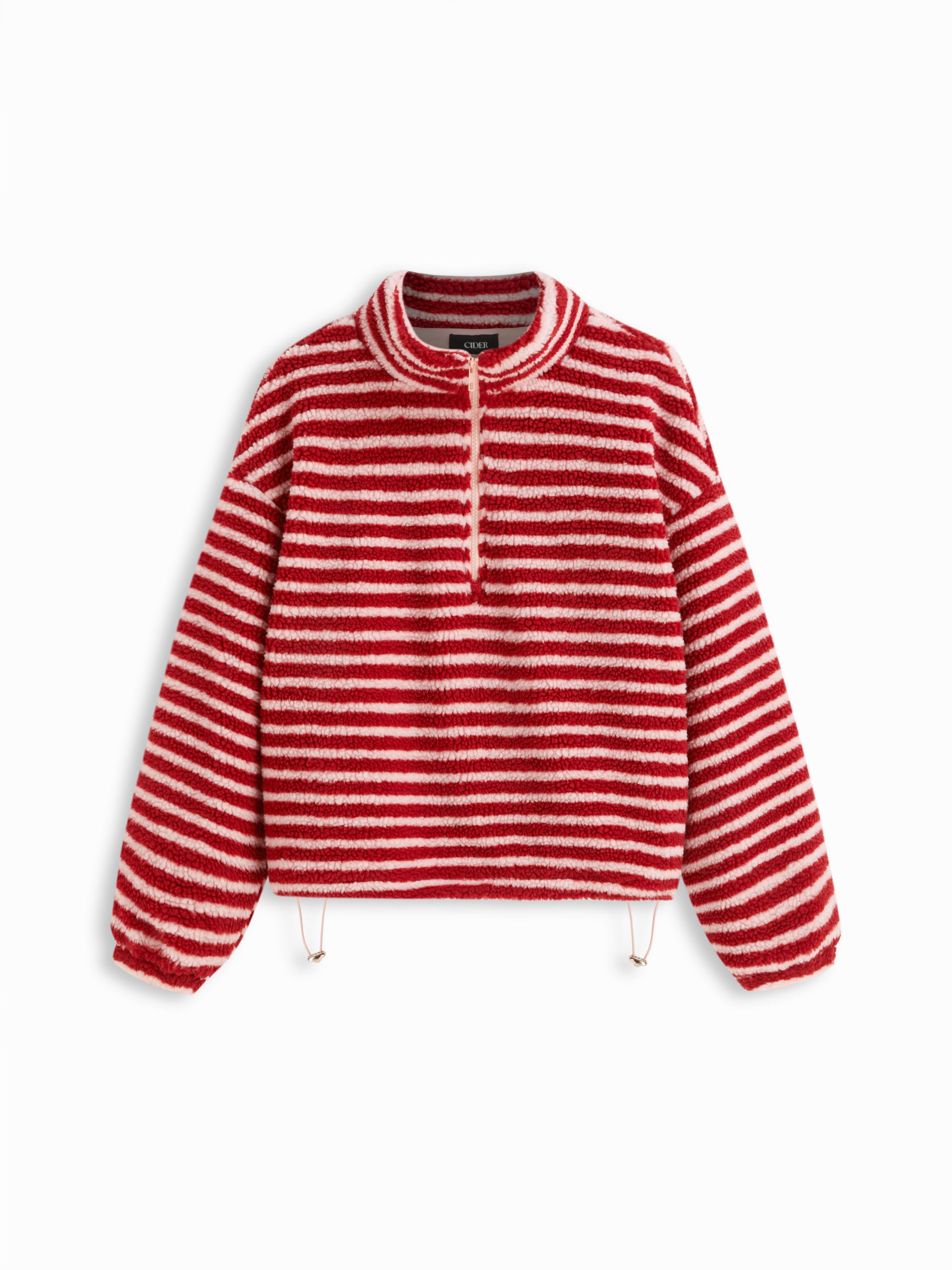 Fleece Stripe Stand Collar Drawstring Half Zip Oversized Sweatshirt Curve & Plus by CIDER