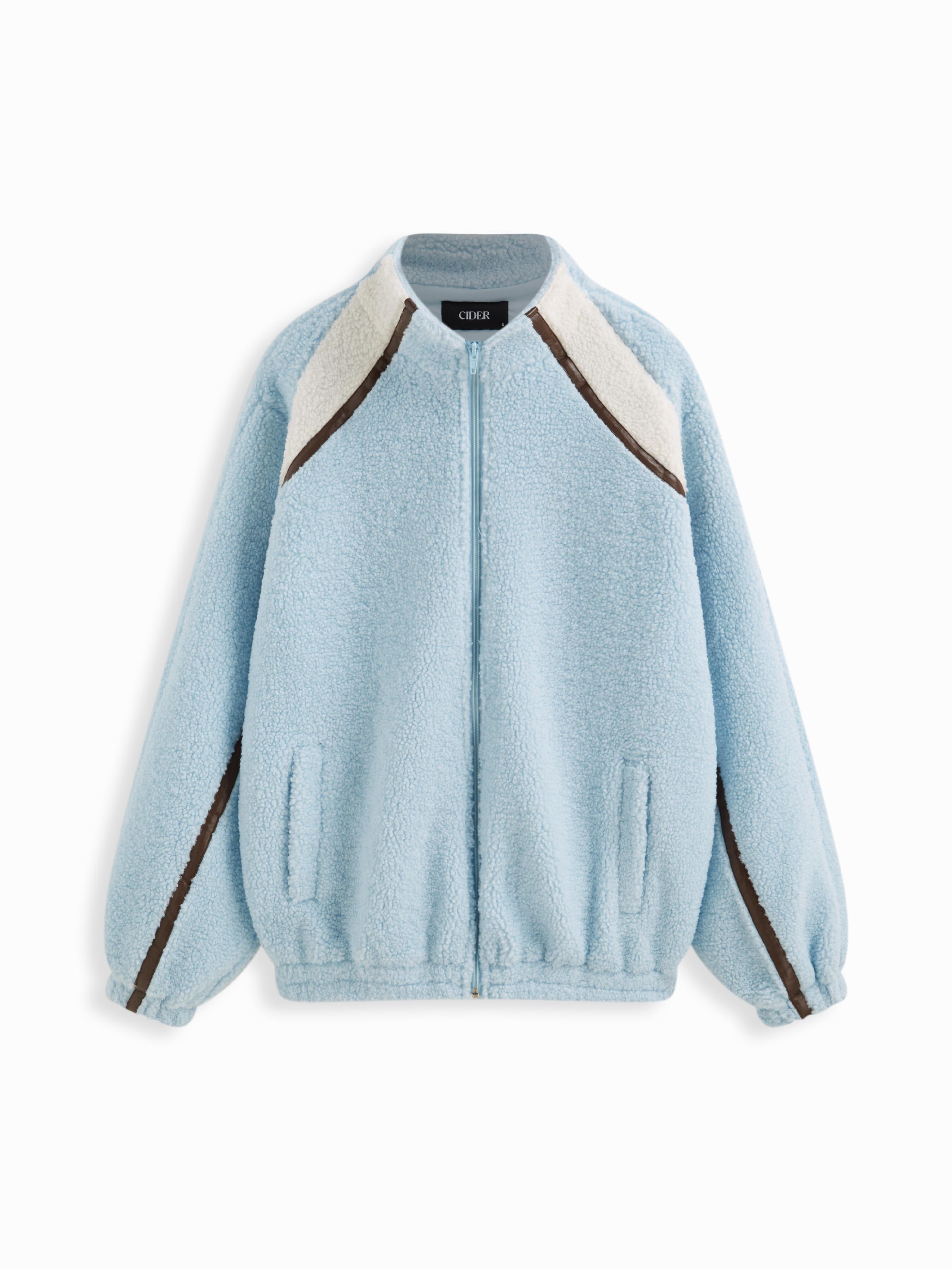 Fleece Stripe Zip Through Oversized Long Sleeve Sweatshirt by CIDER