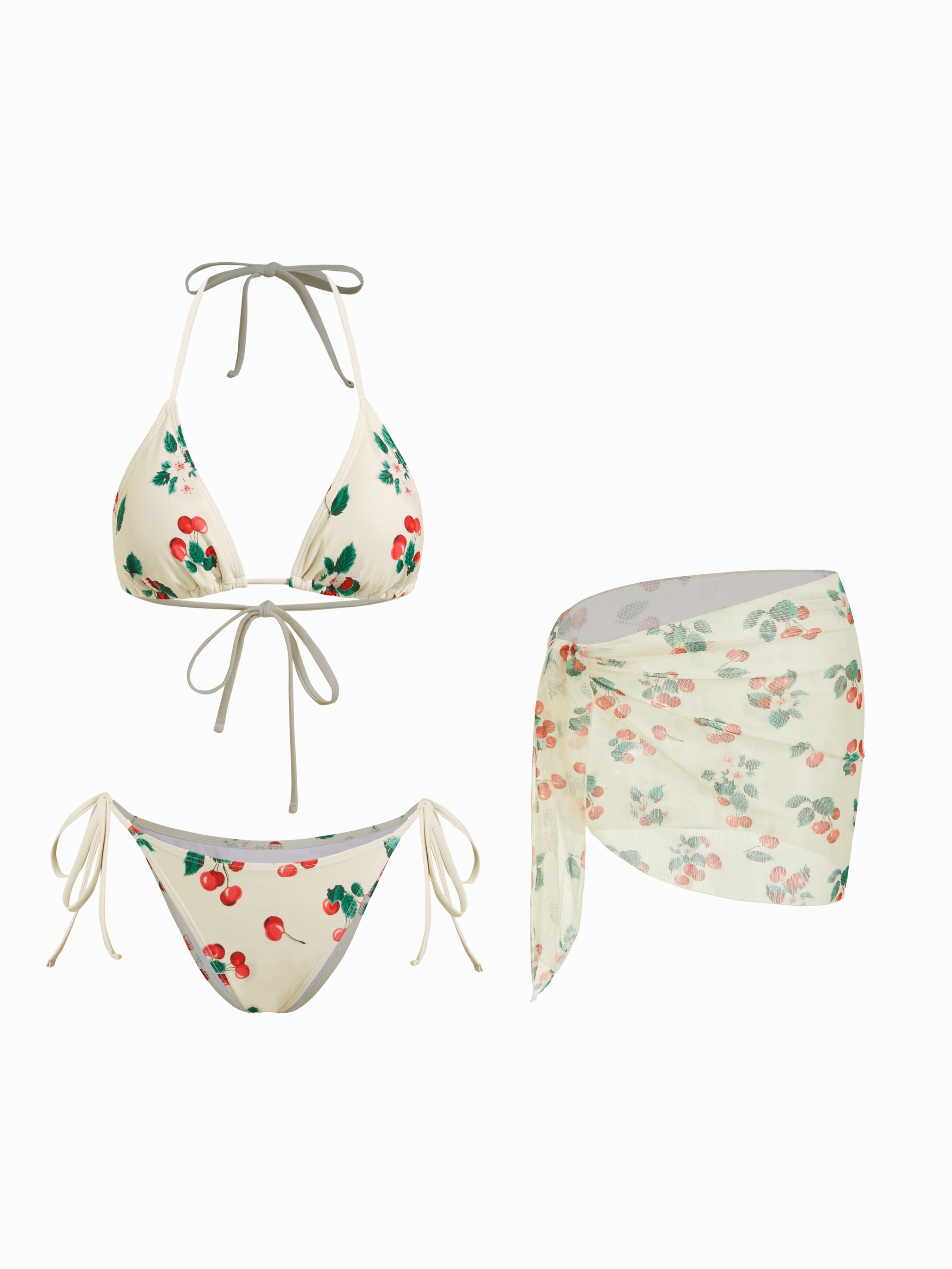 Flirty Cherry Triangle Bikini Set With Sheer Sarong by CIDER