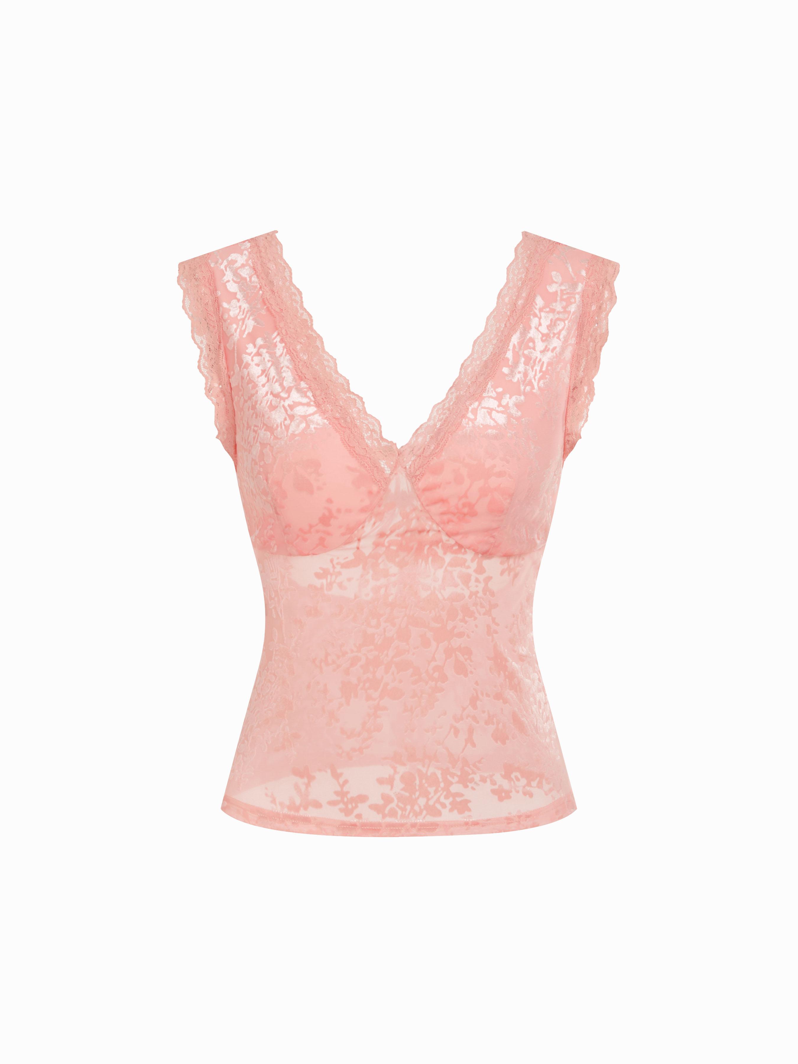 Flocked Floral Lace Panel V-neck Sleeveless Top by CIDER