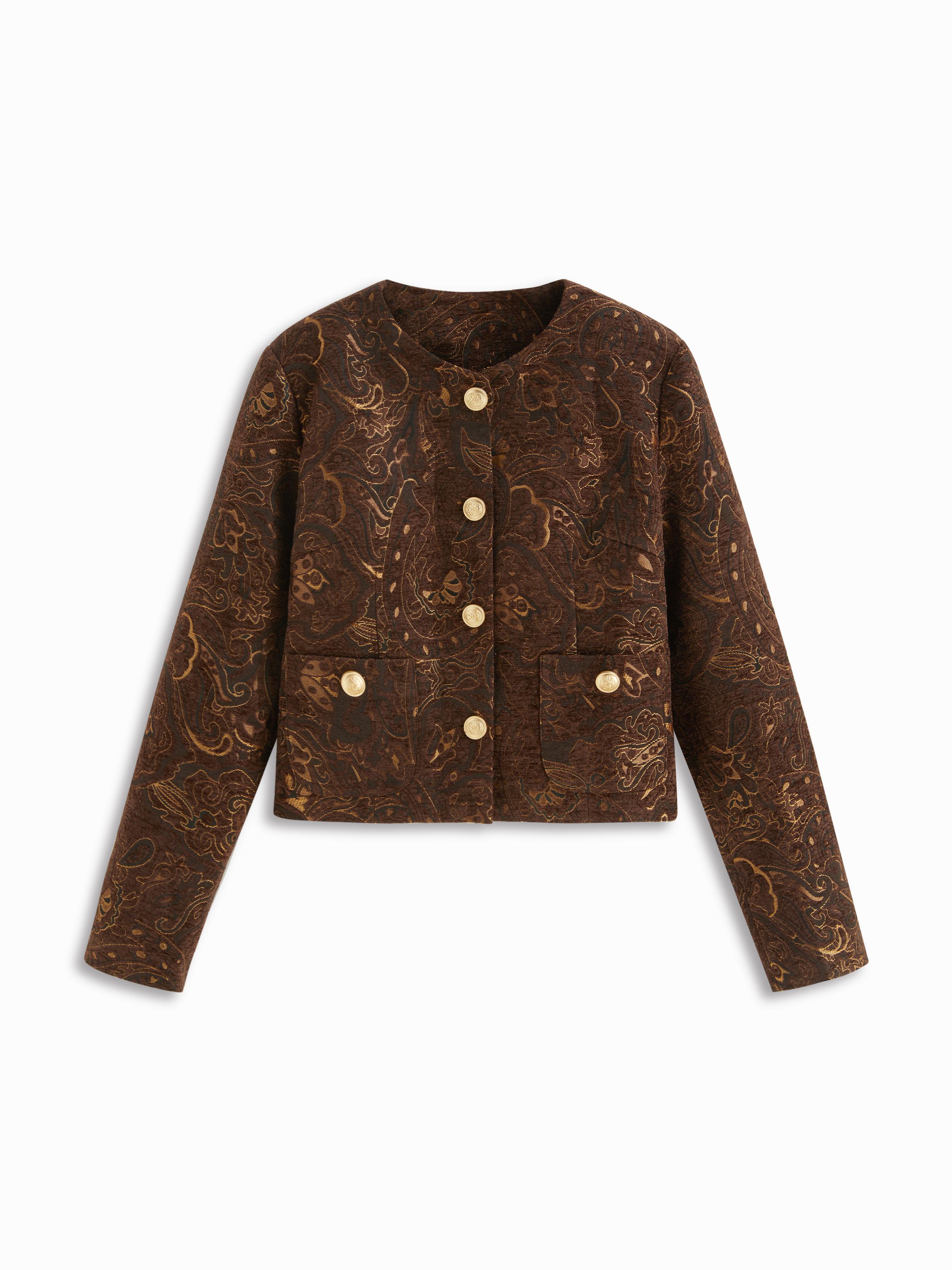 Flocking Round Neckline Long Sleeve Paisley Blazer by CIDER