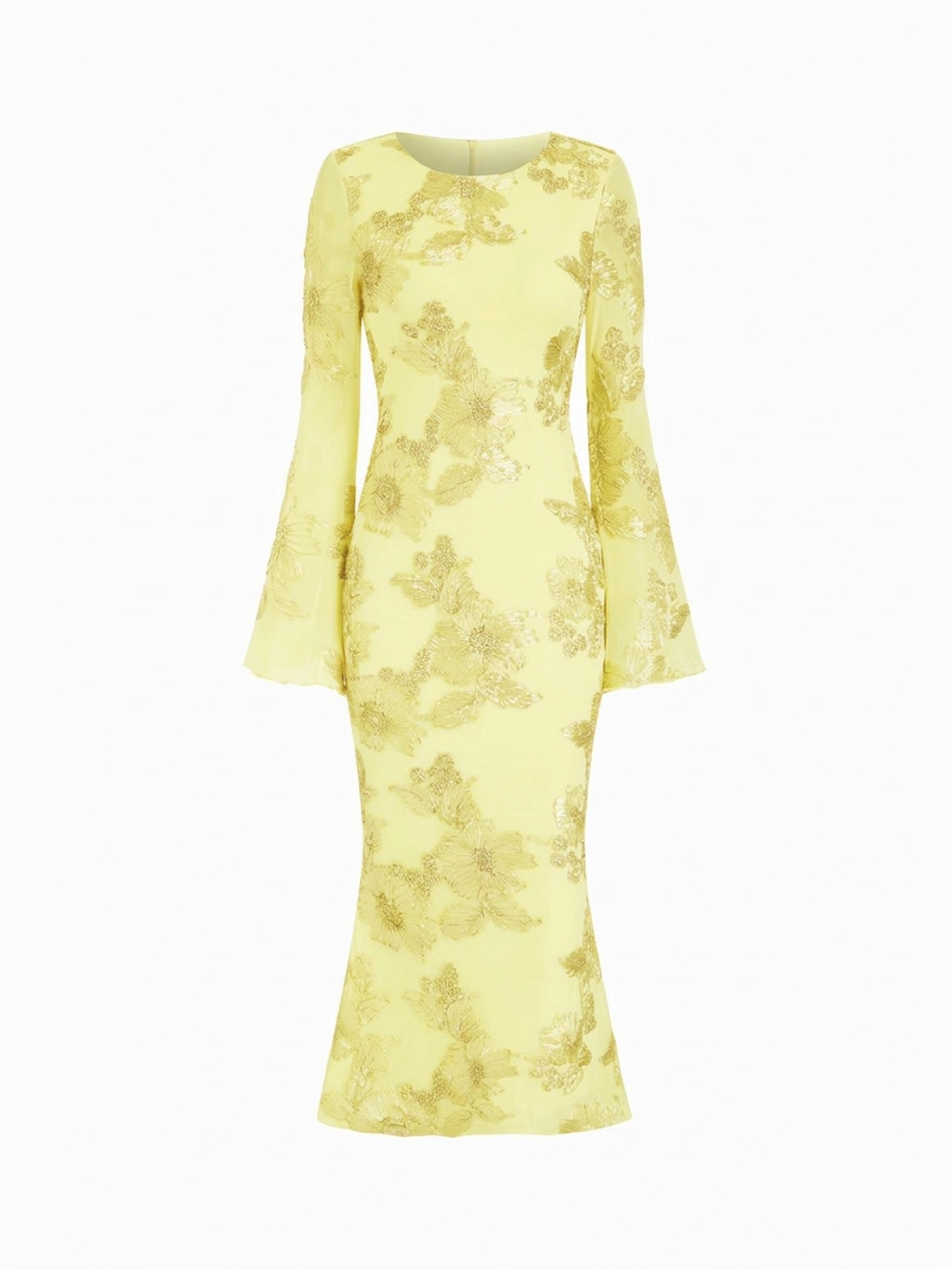 Floral Applique Bell Sleeve Mermaid Maxi Dress by CIDER