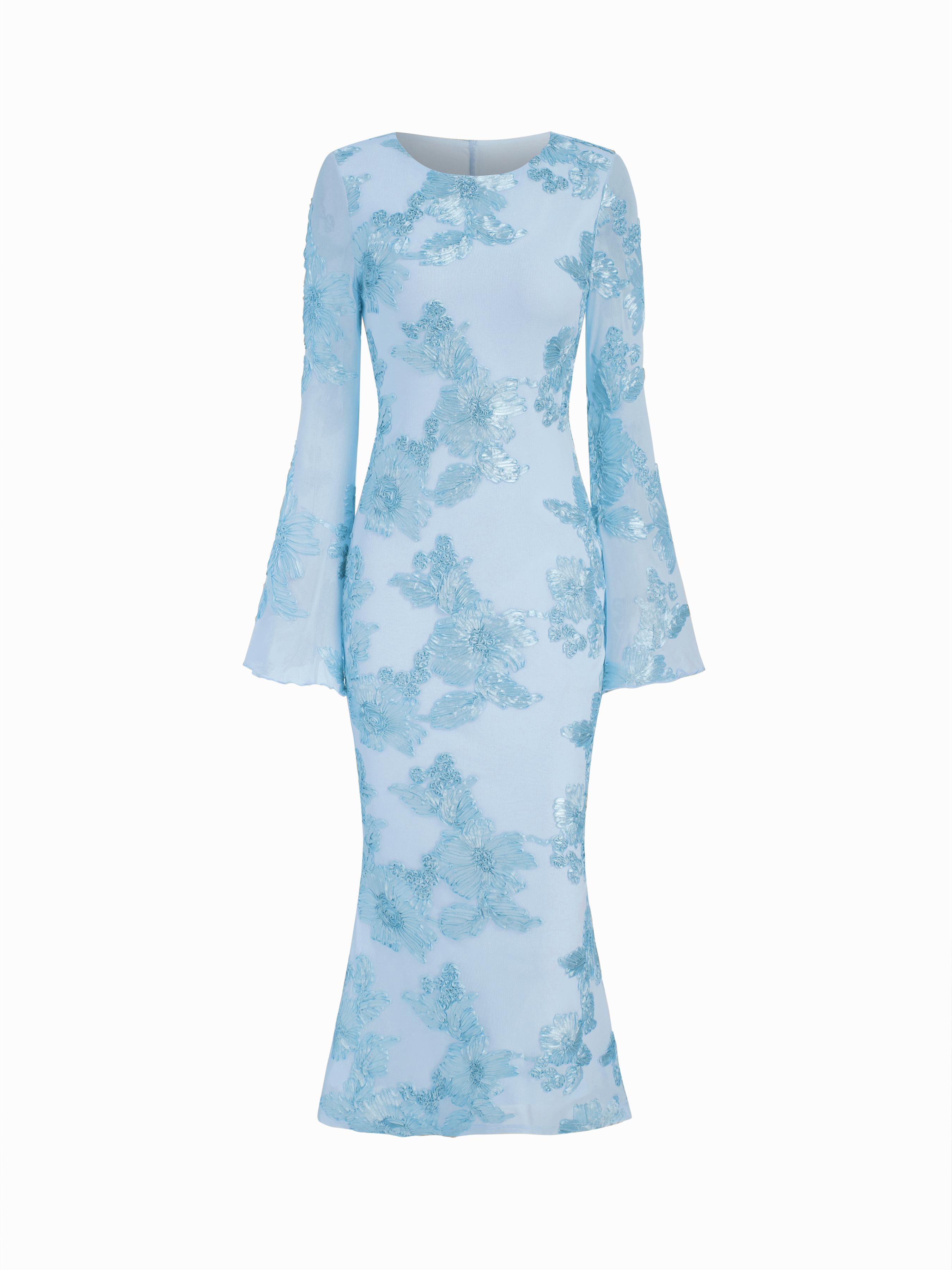 Floral Applique Bell Sleeve Mermaid Maxi Dress by CIDER