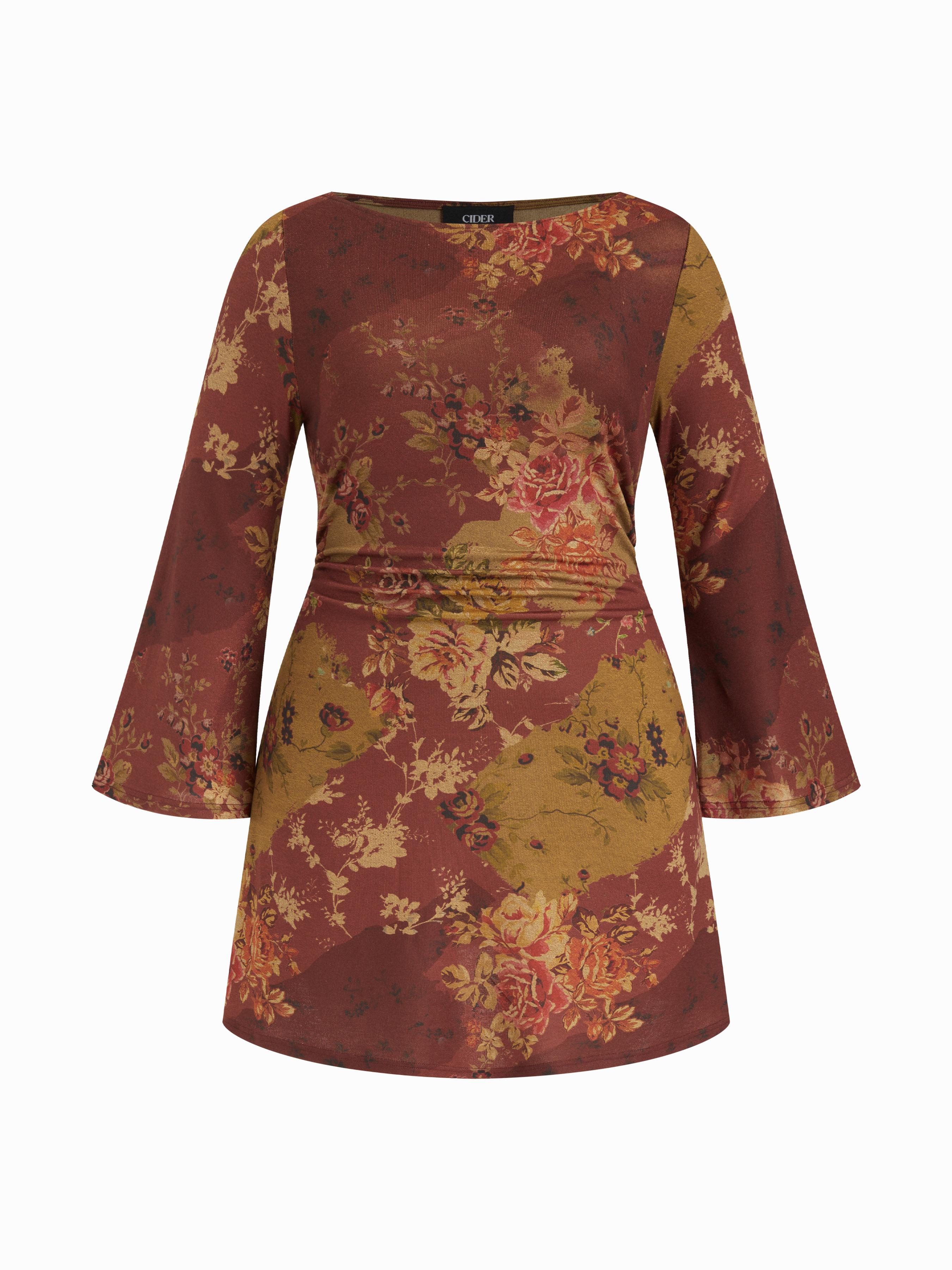 Floral Boat Neck Bell Sleeve Ruched Mini Dress Curve & Plus by CIDER