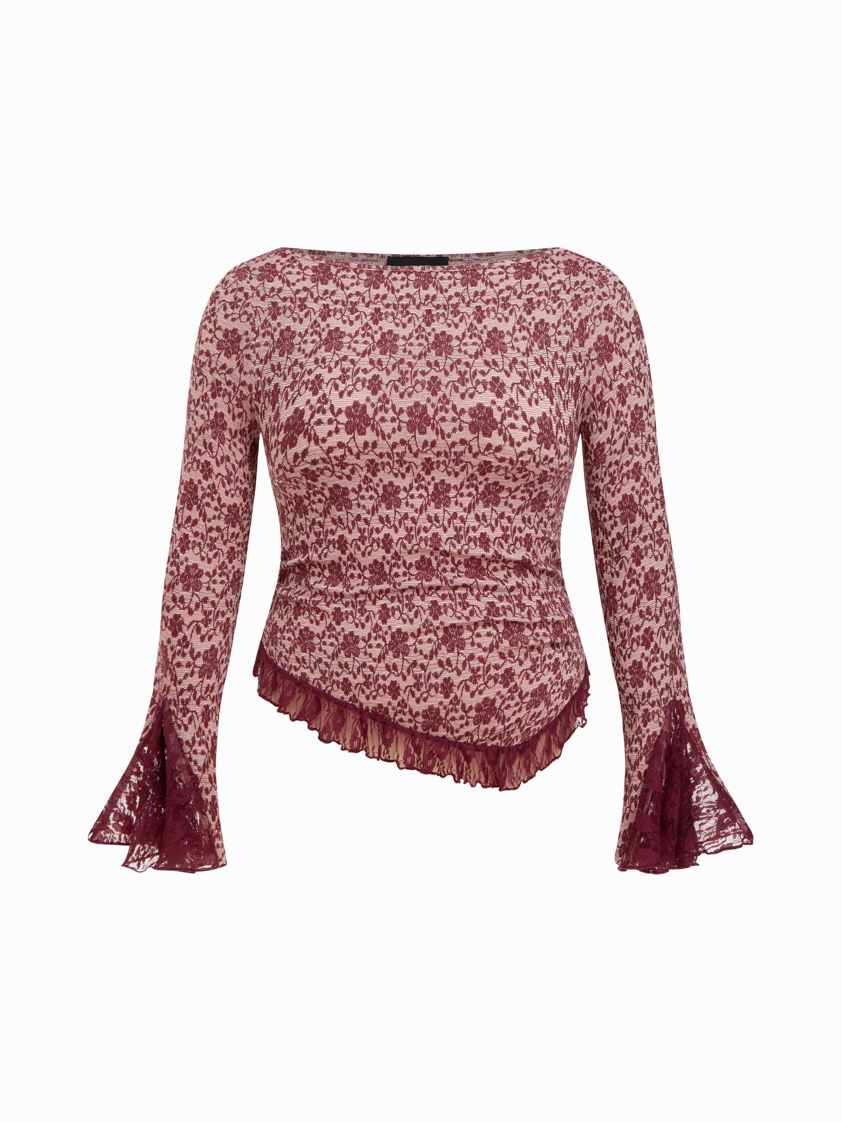 Floral Boat Neck Lace Trim Asymmetrical Hem Bell Sleeve Ruched Top Curve & Plus by CIDER