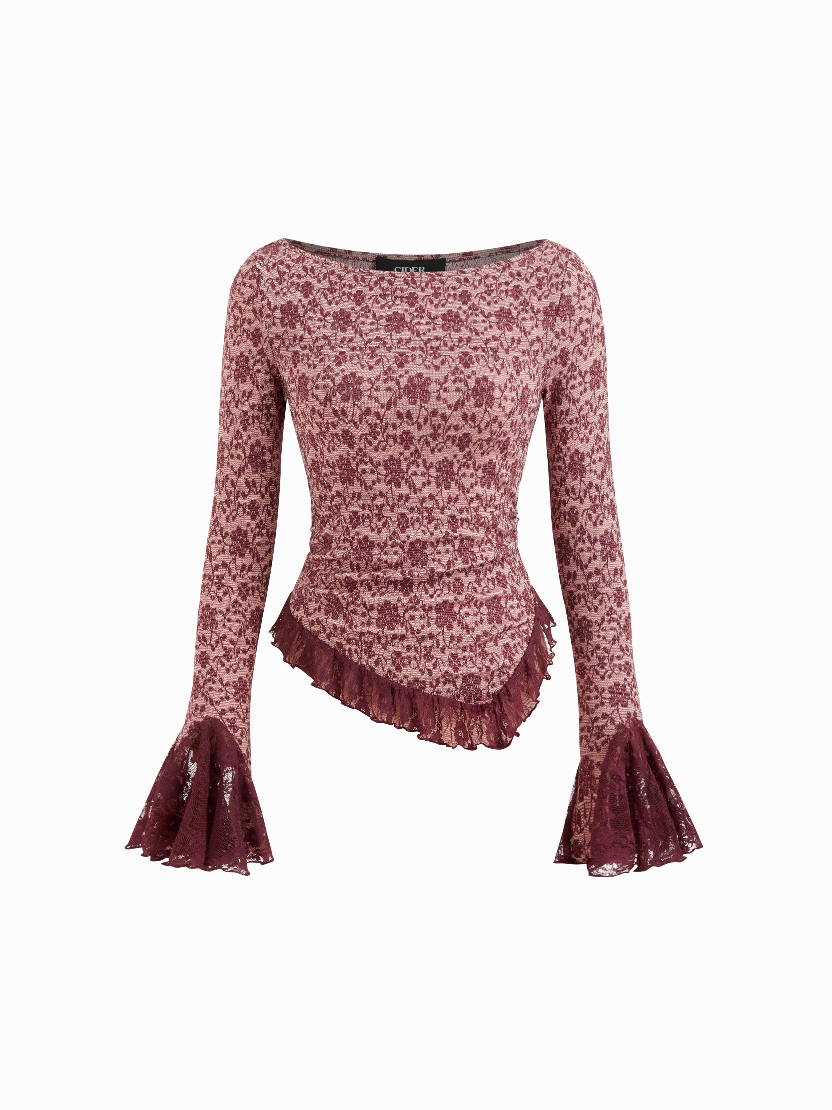 Floral Boat Neck Lace Trim Asymmetrical Hem Bell Sleeve Ruched Top by CIDER