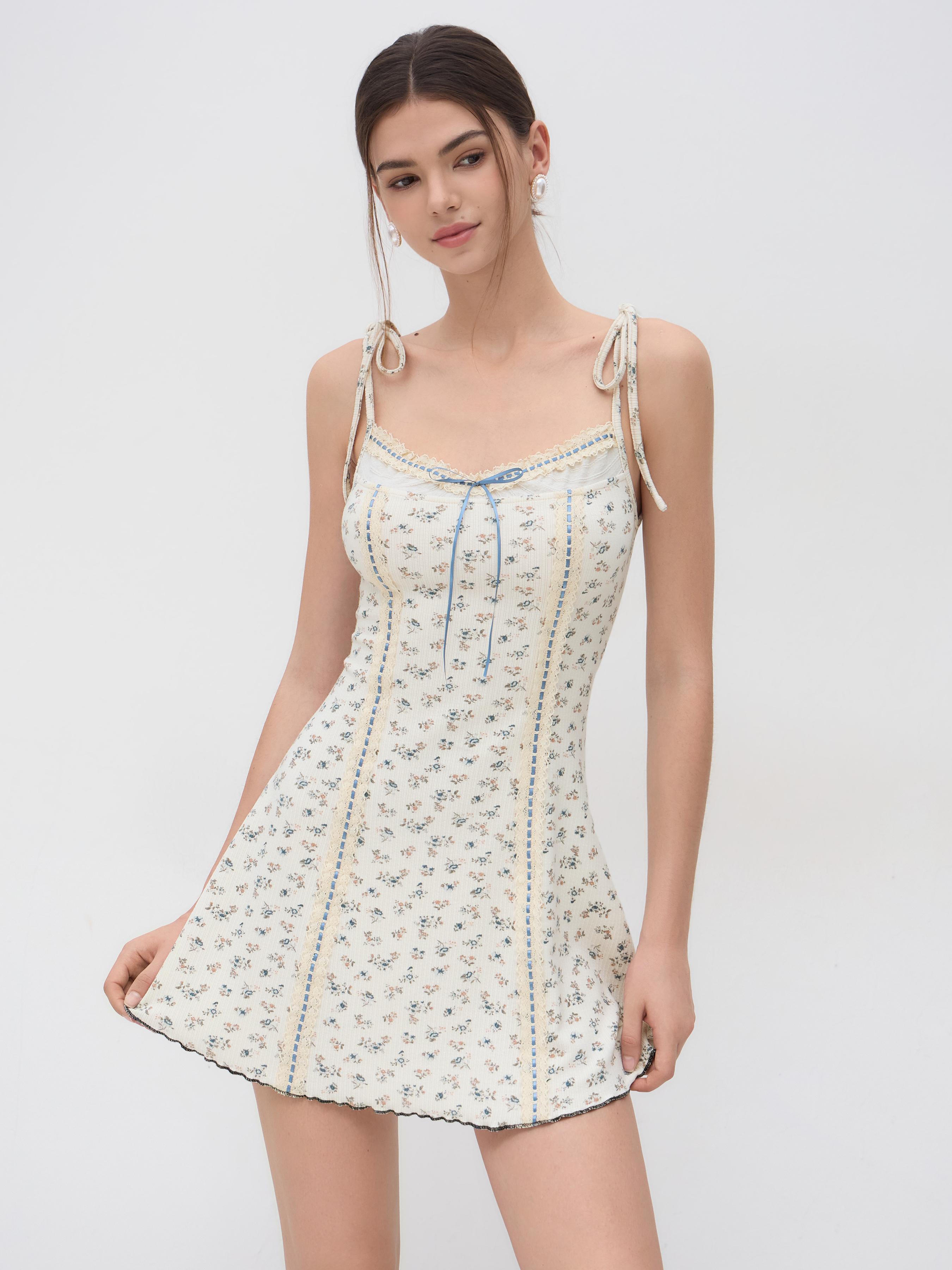 Floral Bowknot Lettuce Trim Mini Dress by CIDER