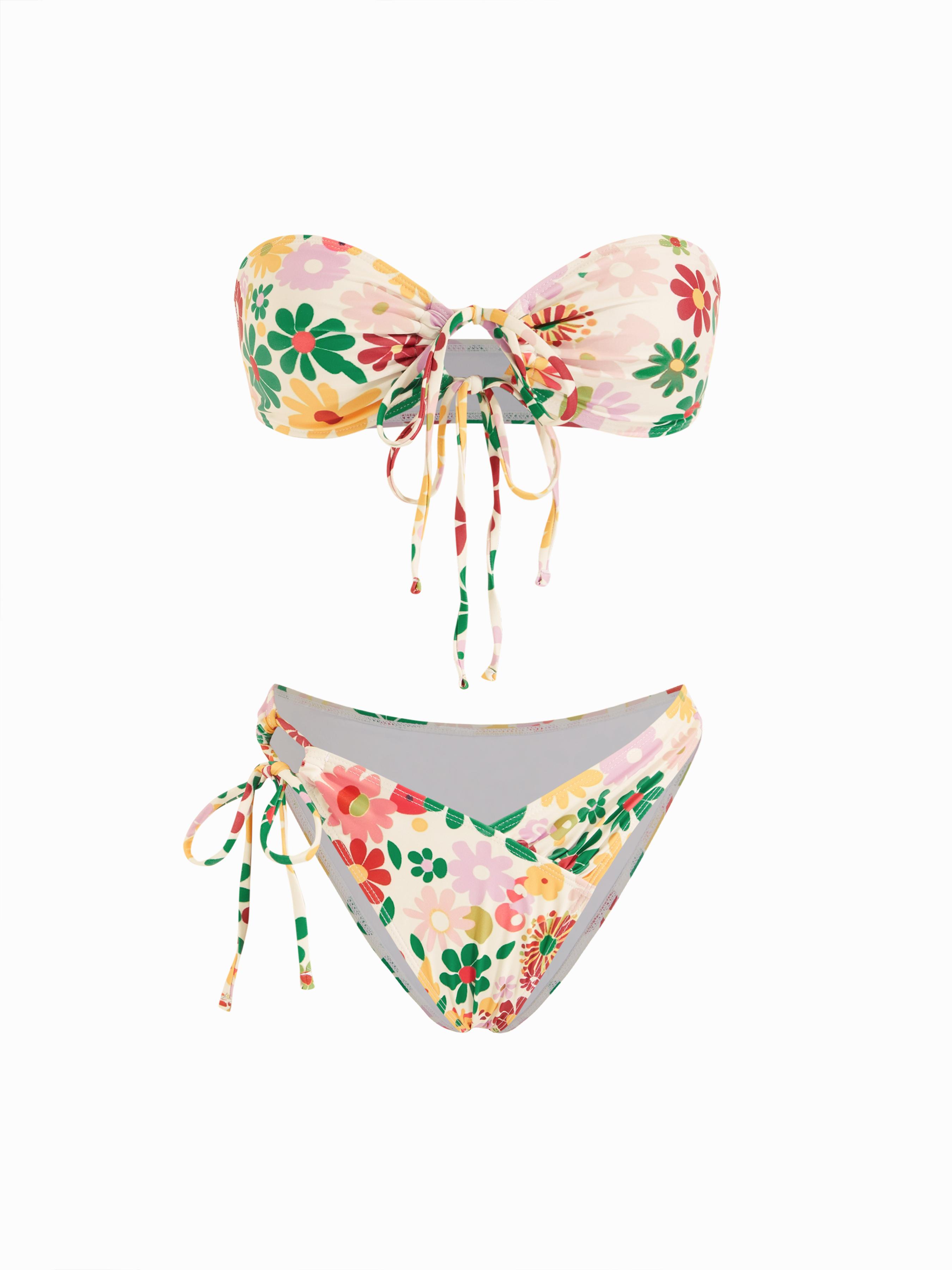 Floral Cut Out Ruched Tie Side Strapless Bracelet Bikini Set by CIDER