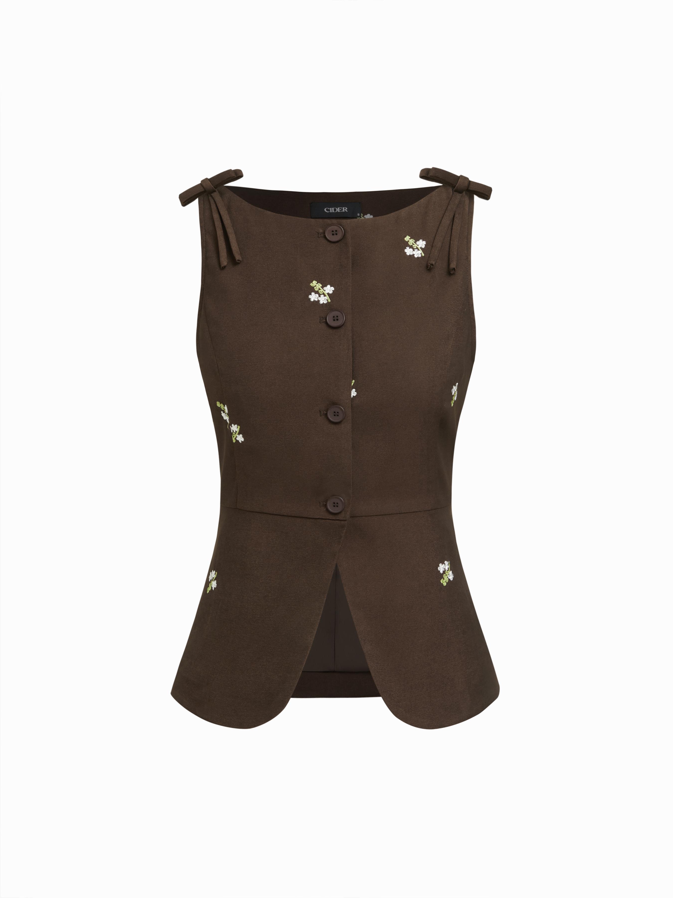 Floral Embroidery Bowknot Blazer Vest by CIDER
