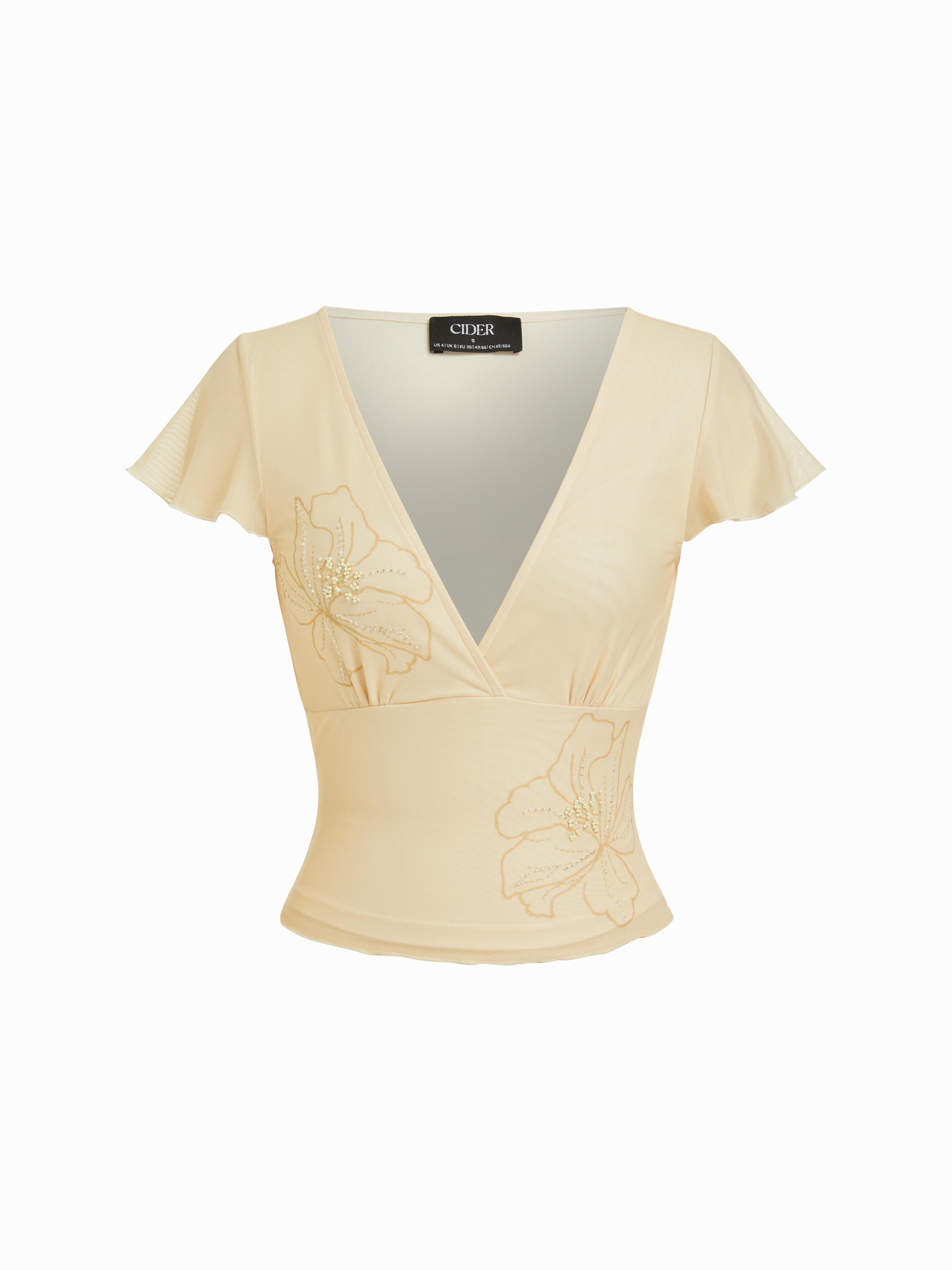 Floral Embroidery Rhinestone V-Neck Ruffle Sleeve Top by CIDER