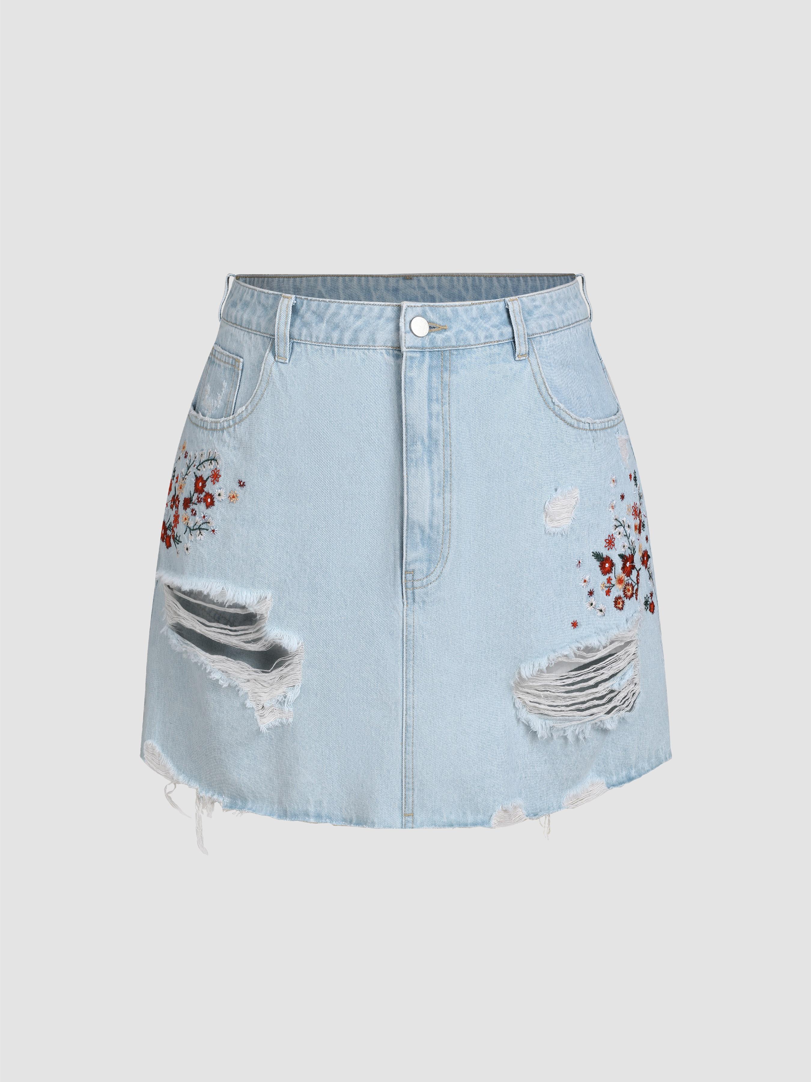 Floral Embroidery Ripped Denim Mini Skirt Curve & Plus by CIDER