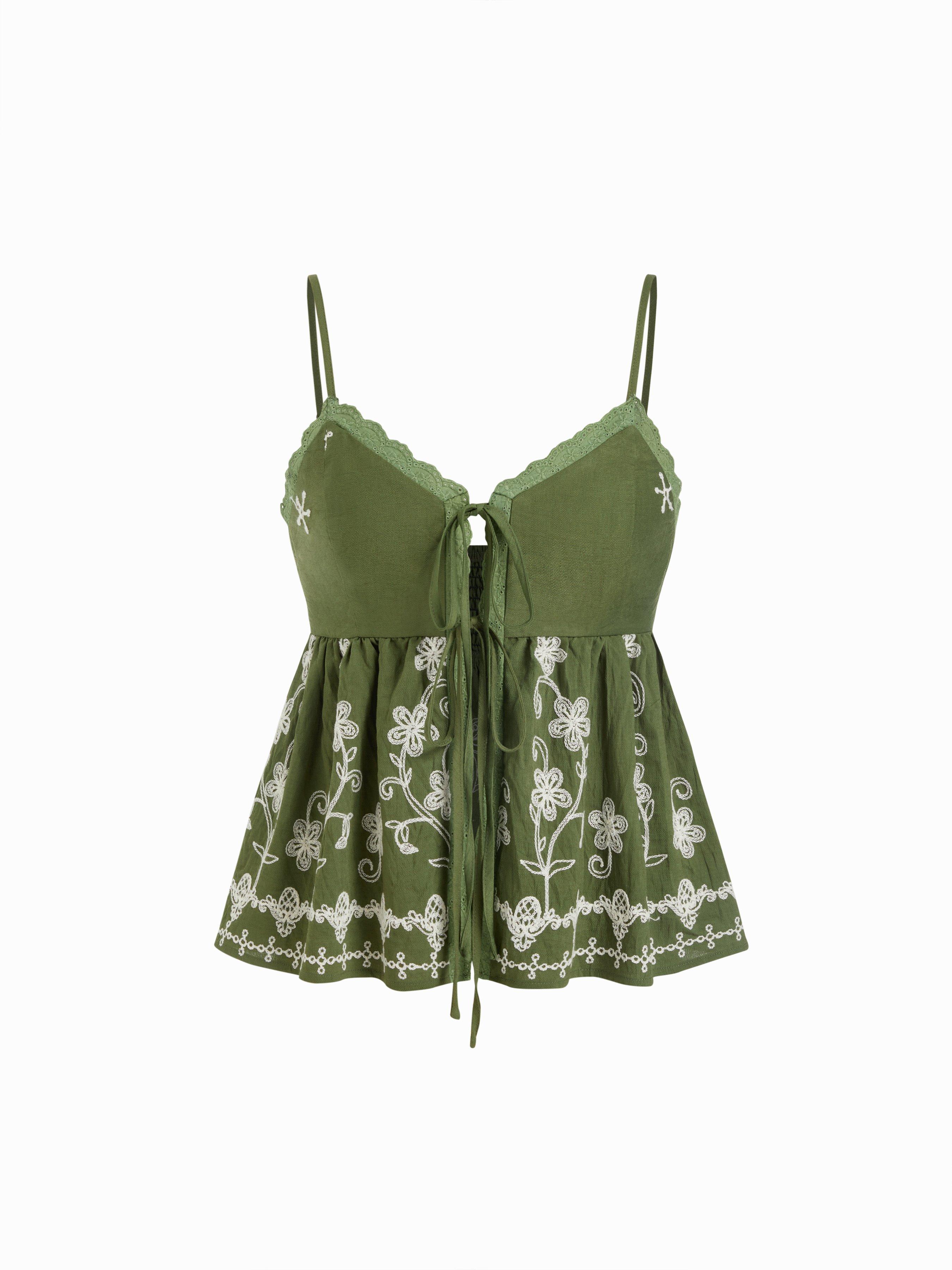 Floral Embroidery V-neck Cami Top with Lace Trim by CIDER