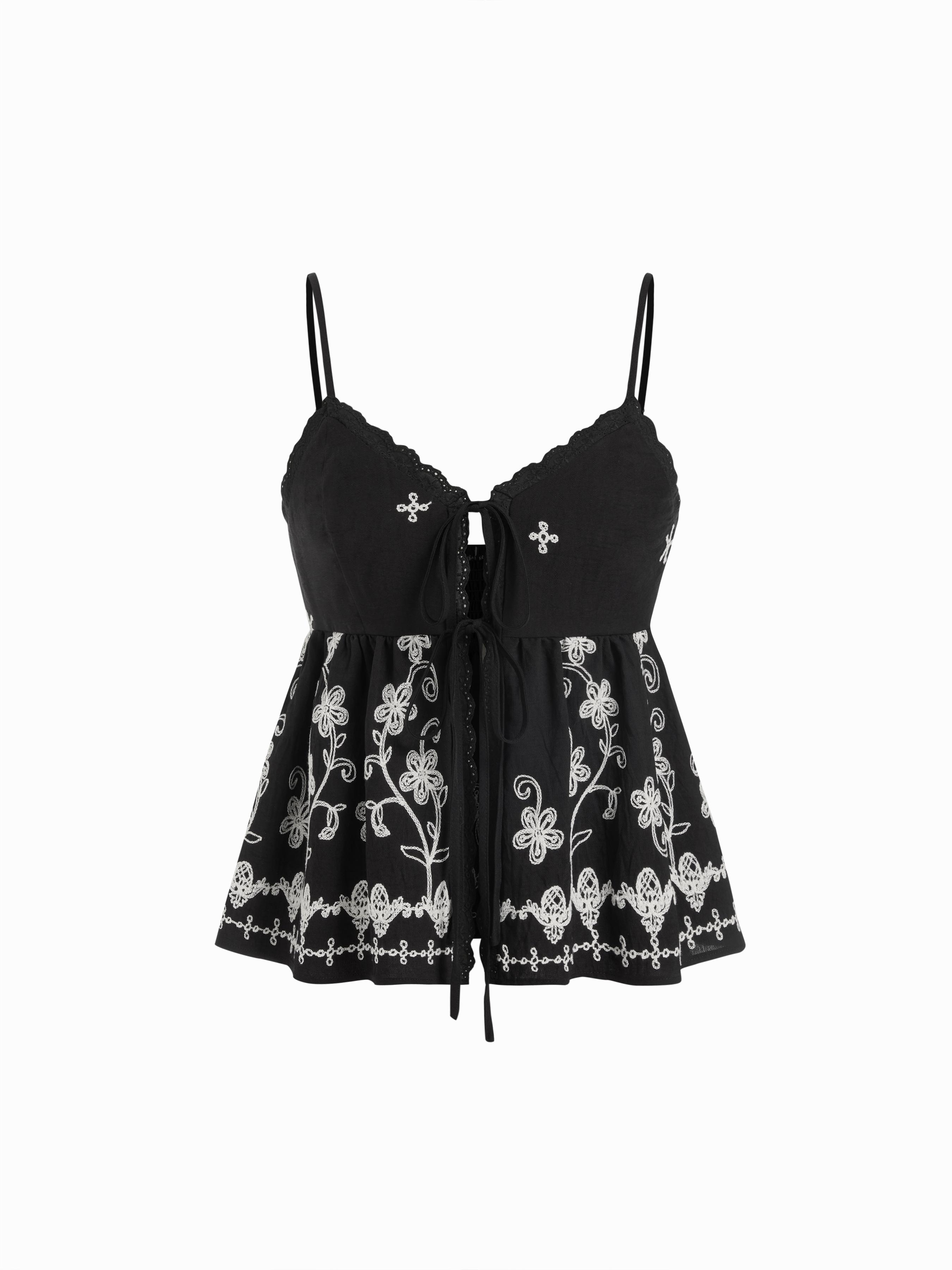 Floral Embroidery V-neck Cami Top with Lace Trim by CIDER