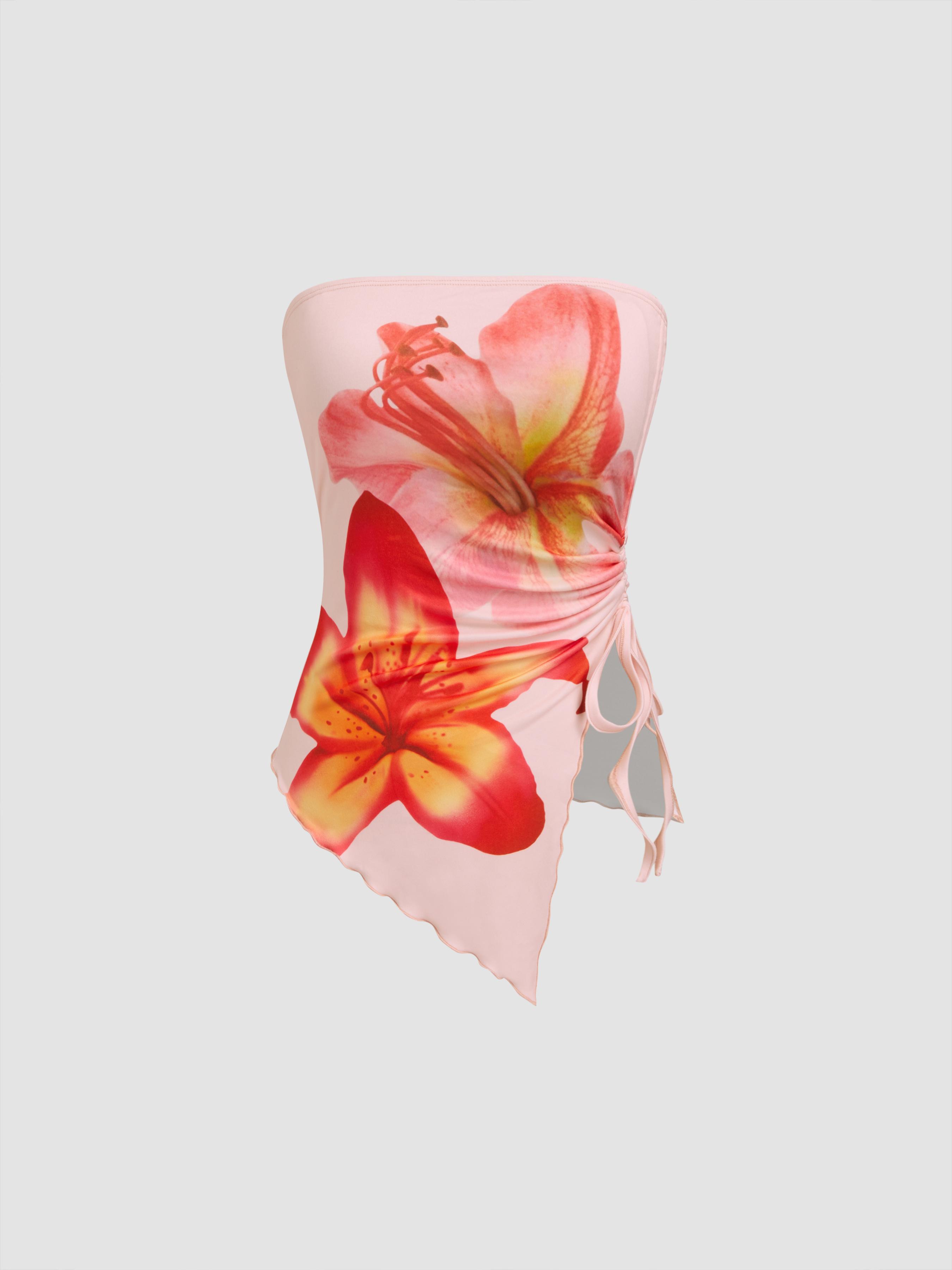 Floral Graphic Drawstring Asymmetrical Hem Bandeau Top by CIDER