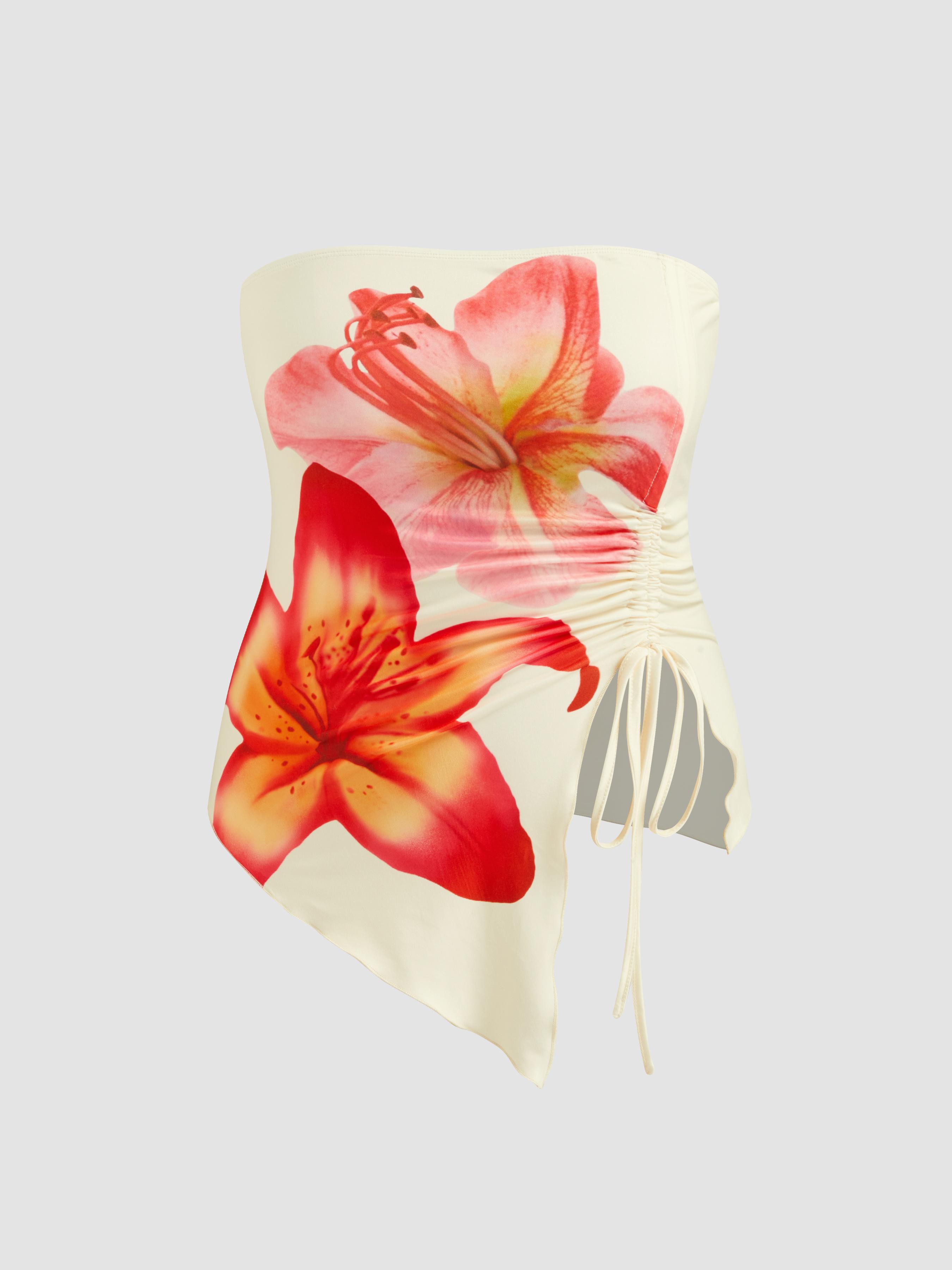 Floral Graphic Drawstring Asymmetrical Hem Bandeau Top Curve & Plus by CIDER