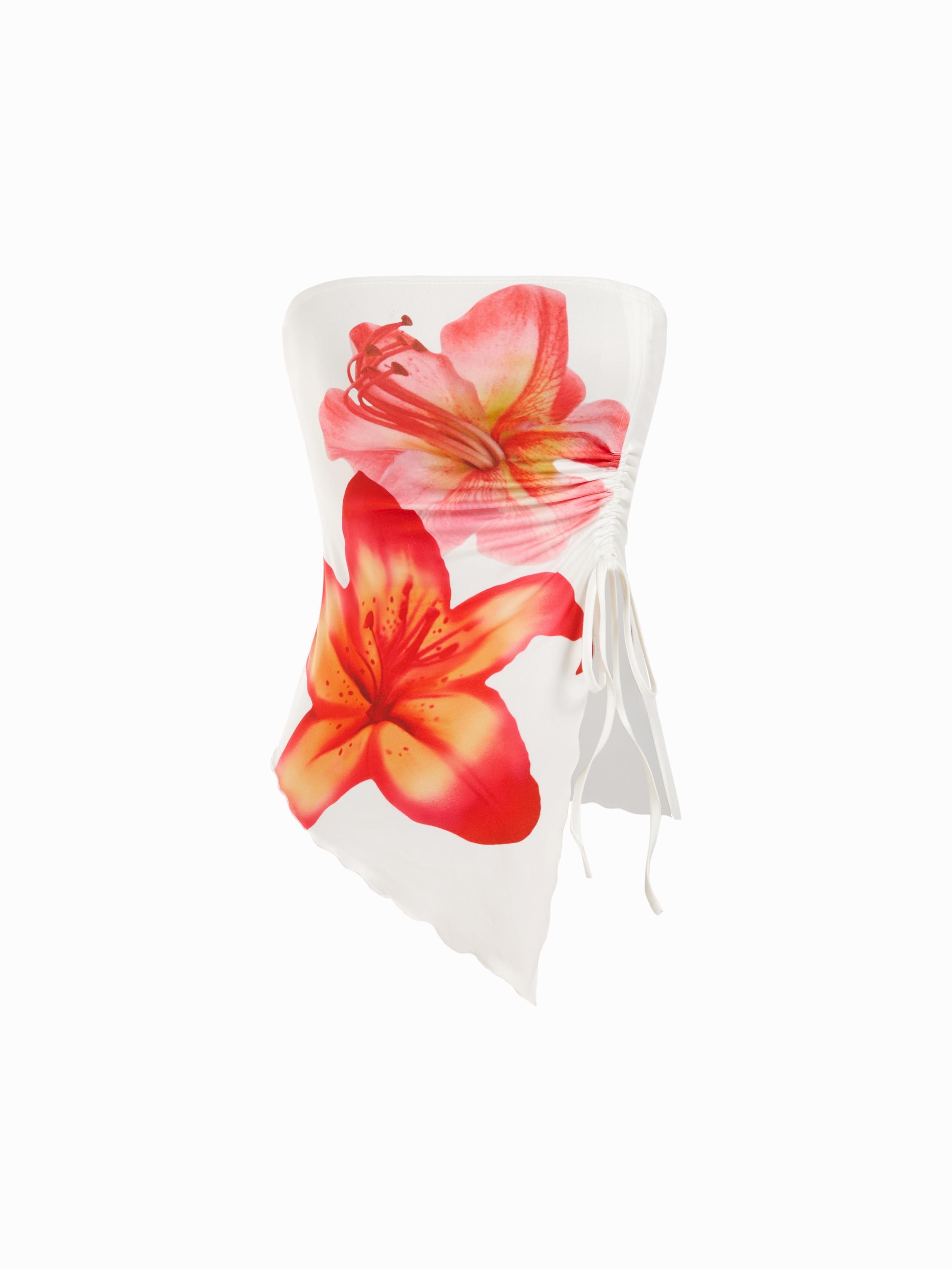 Floral Graphic Drawstring Asymmetrical Hem Bandeau Top by CIDER