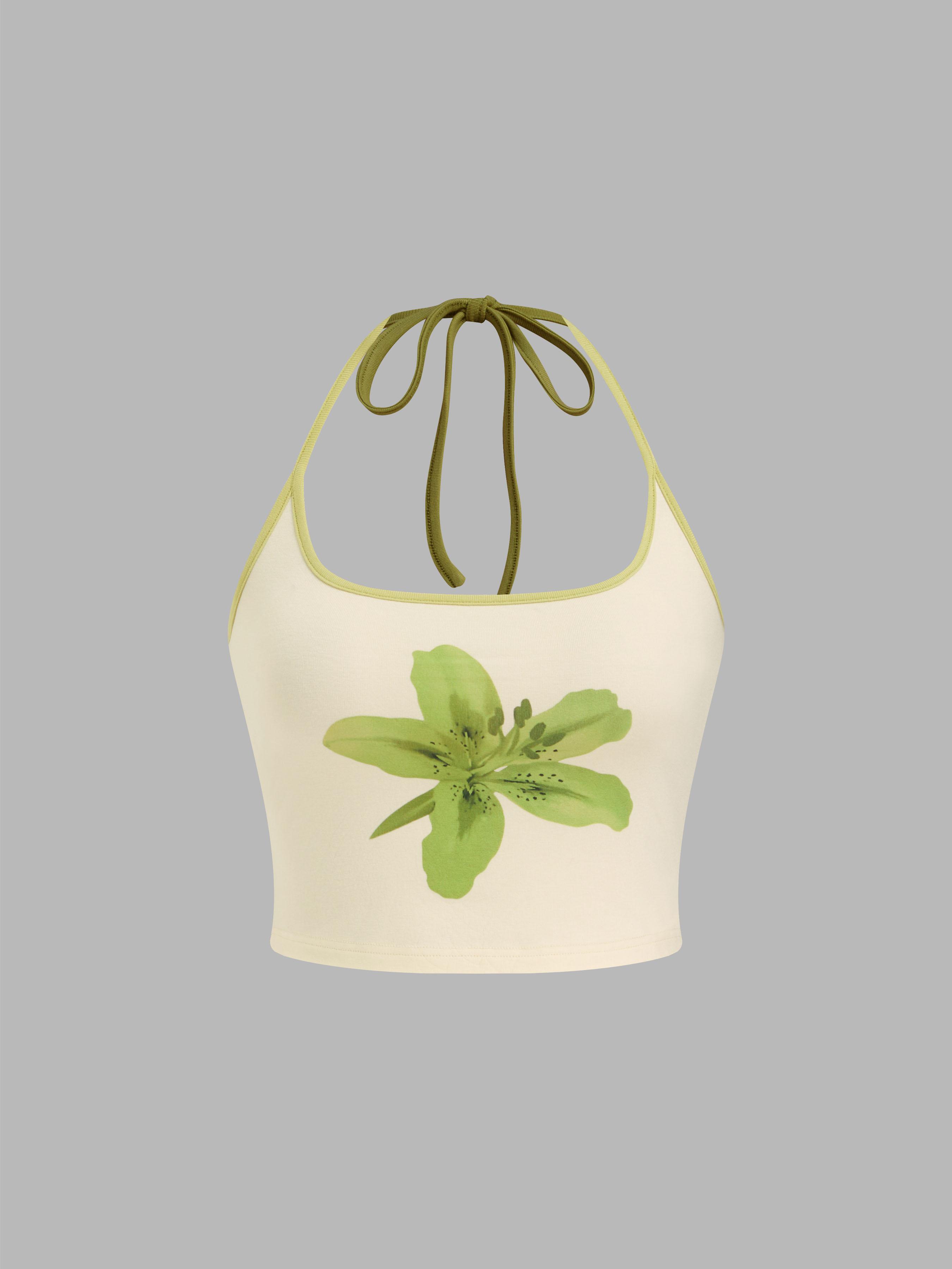 Floral Graphic Halter Neckline Contrasting Binding Crop Cami Top by CIDER