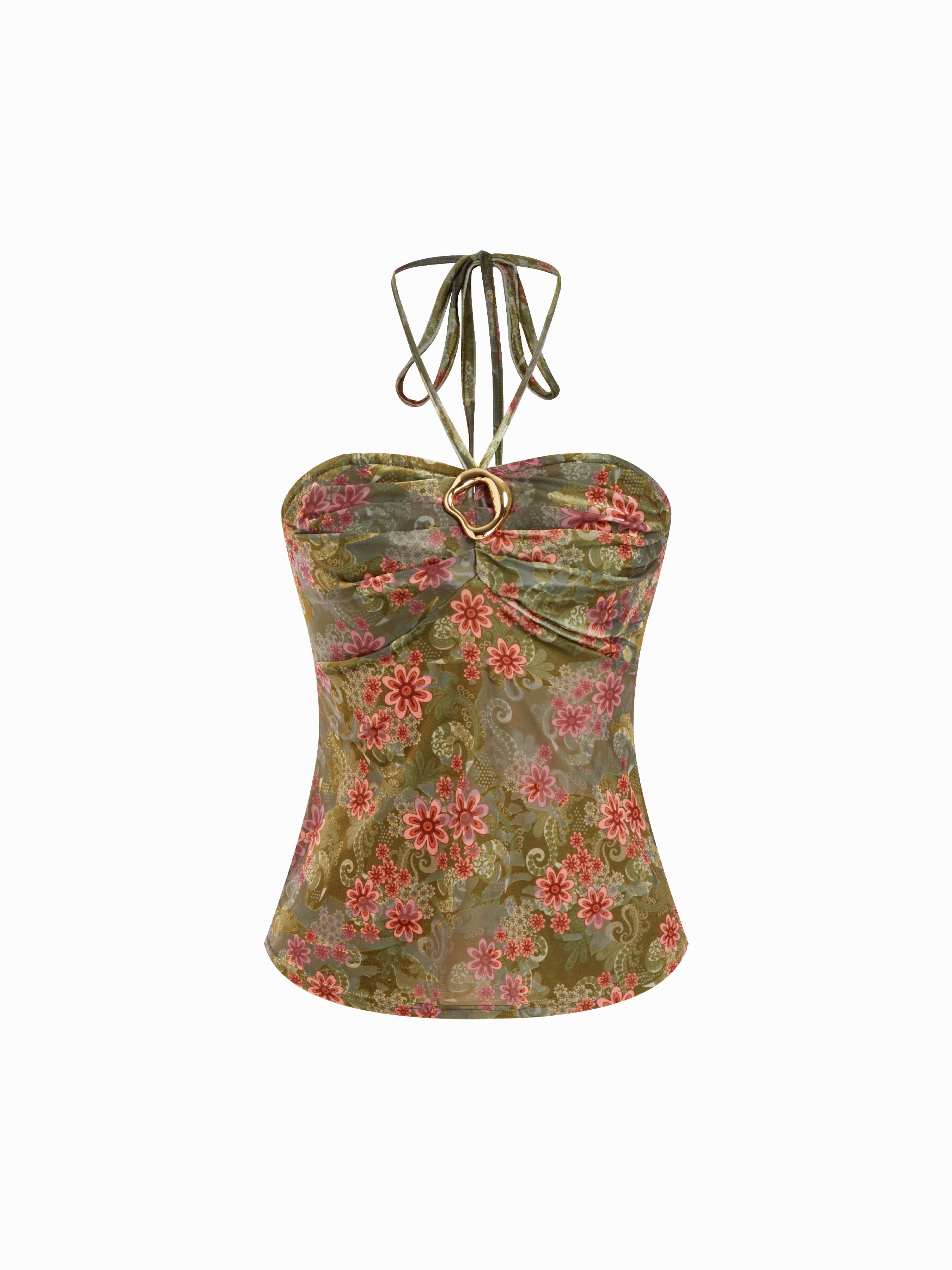Floral Halter Neckline Metal Button Shirred Top by CIDER