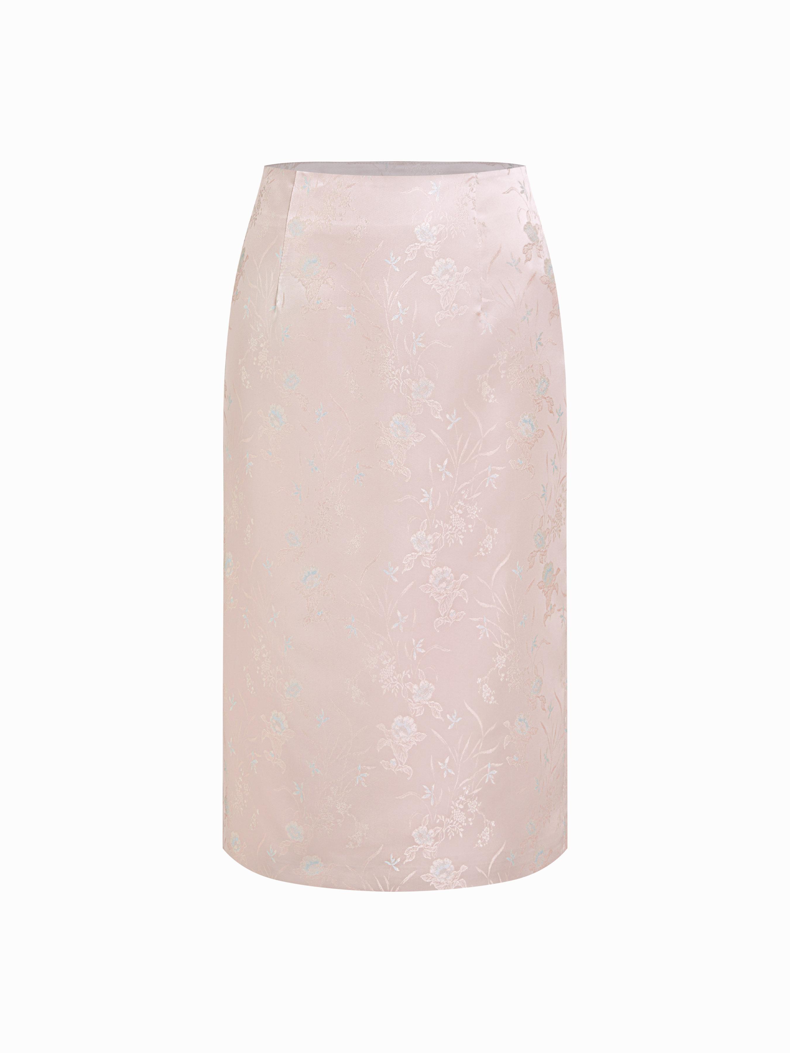 Floral Jacquard Mid Rise Zipper Midi Skirt by CIDER