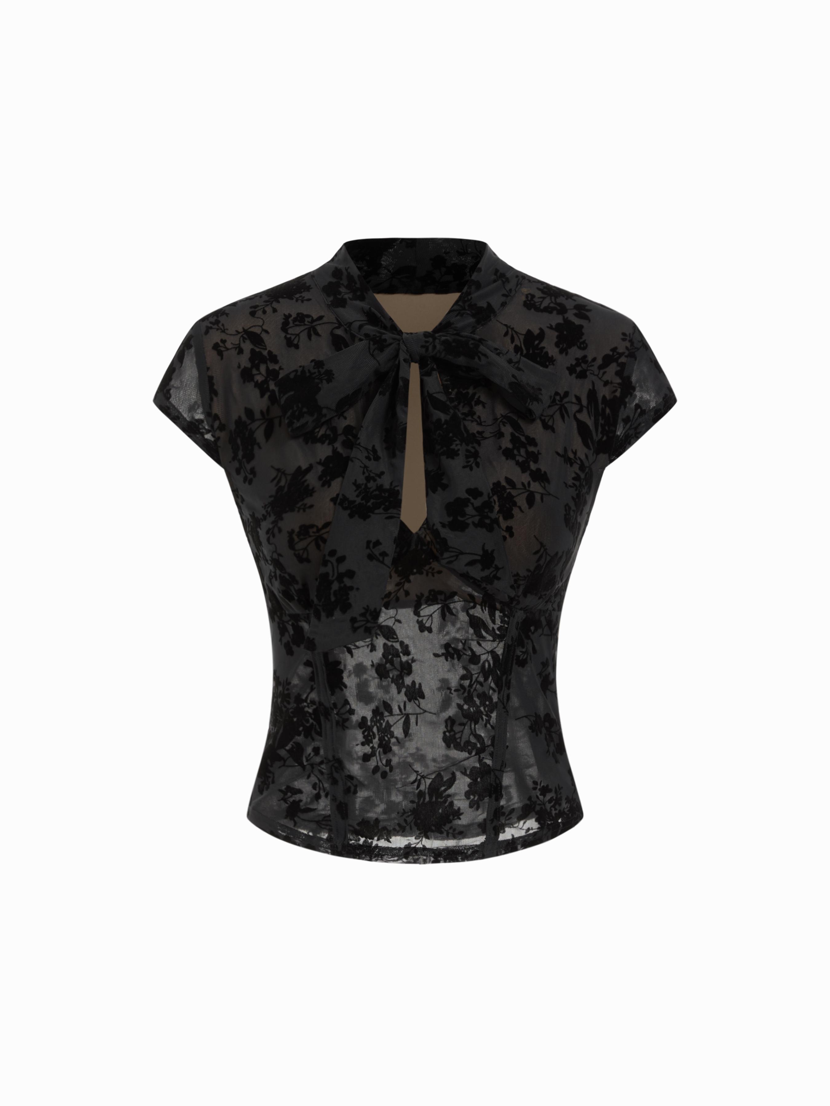 Floral Lace Round Neckline Bowknot Tie Front Top by CIDER