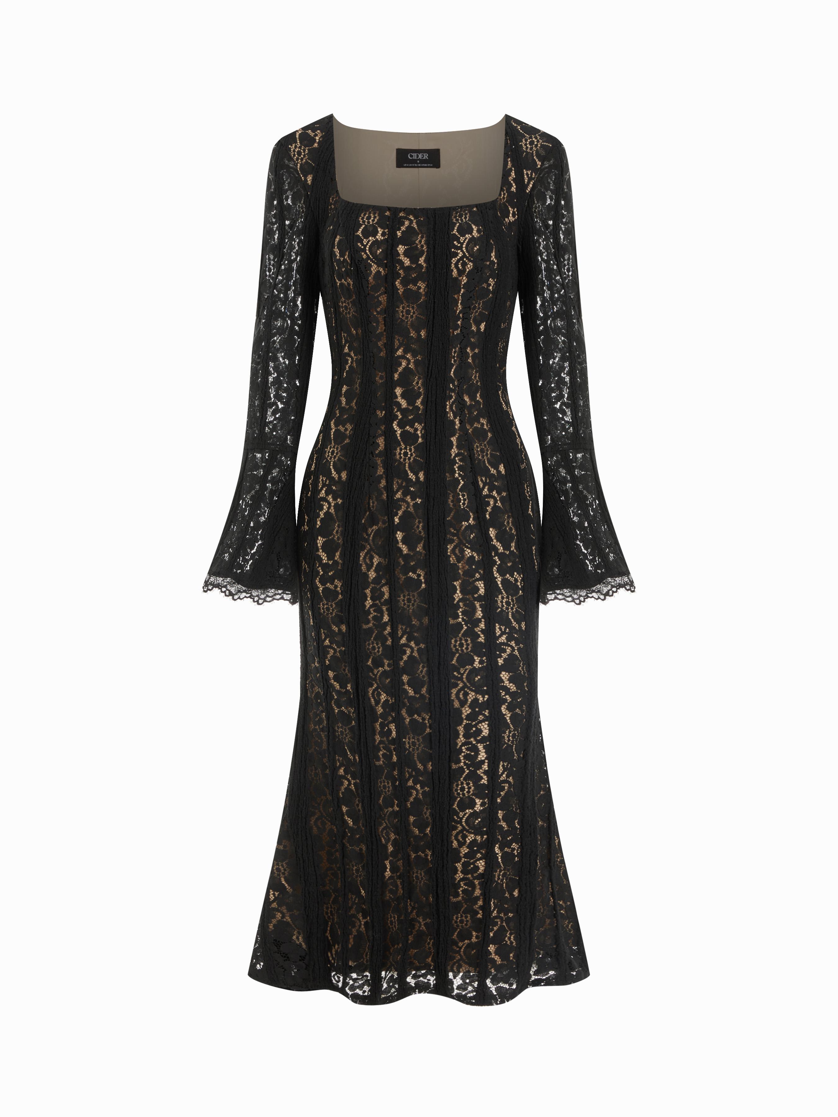 Floral Lace Square Neck Bell Sleeve Mermaid Maxi Dress by CIDER