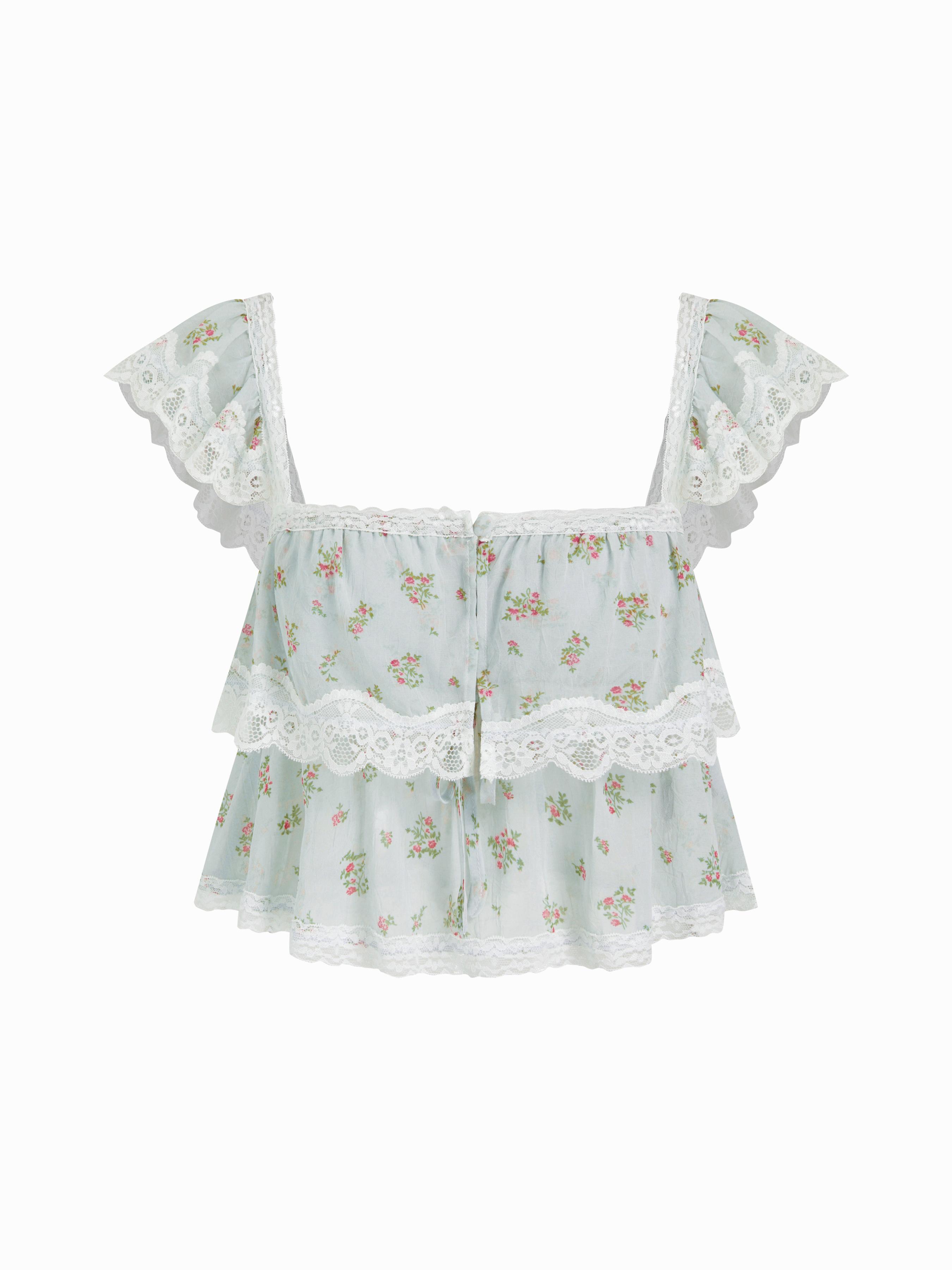 Floral Lace Square Neck Ruffle Sleeve Oversized Crop Top by CIDER