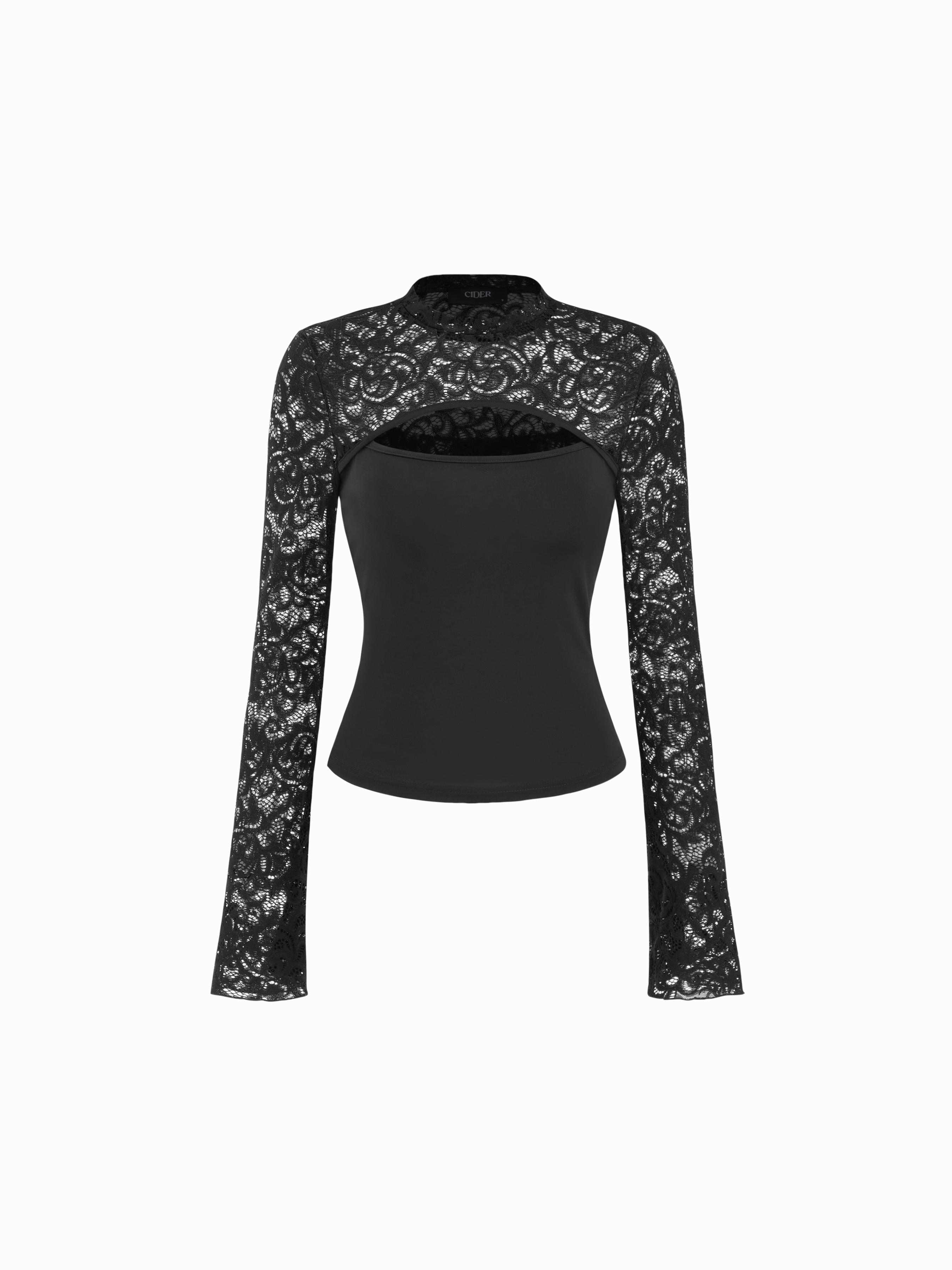 Floral Lace Stand Collar Bell Sleeve Top by CIDER