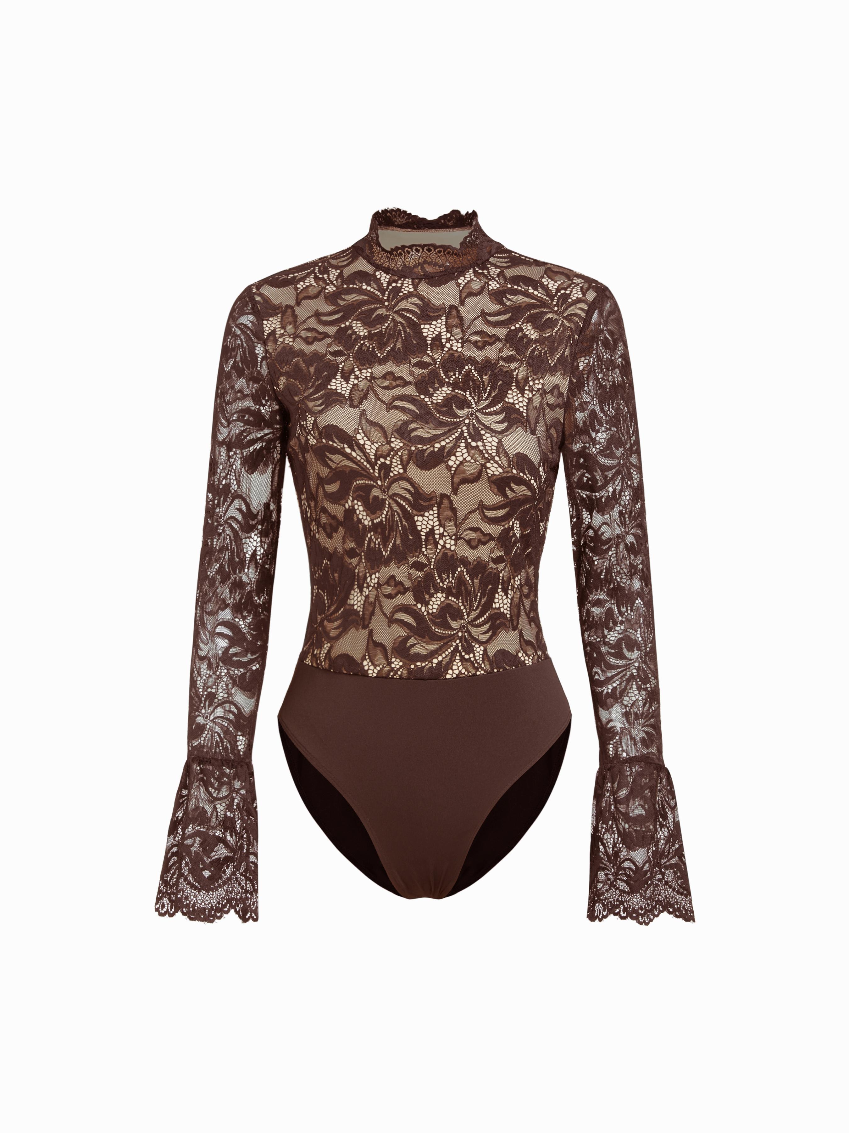 Floral Lace Stand Collar Ruffle Long Sleeve Bodysuit by CIDER