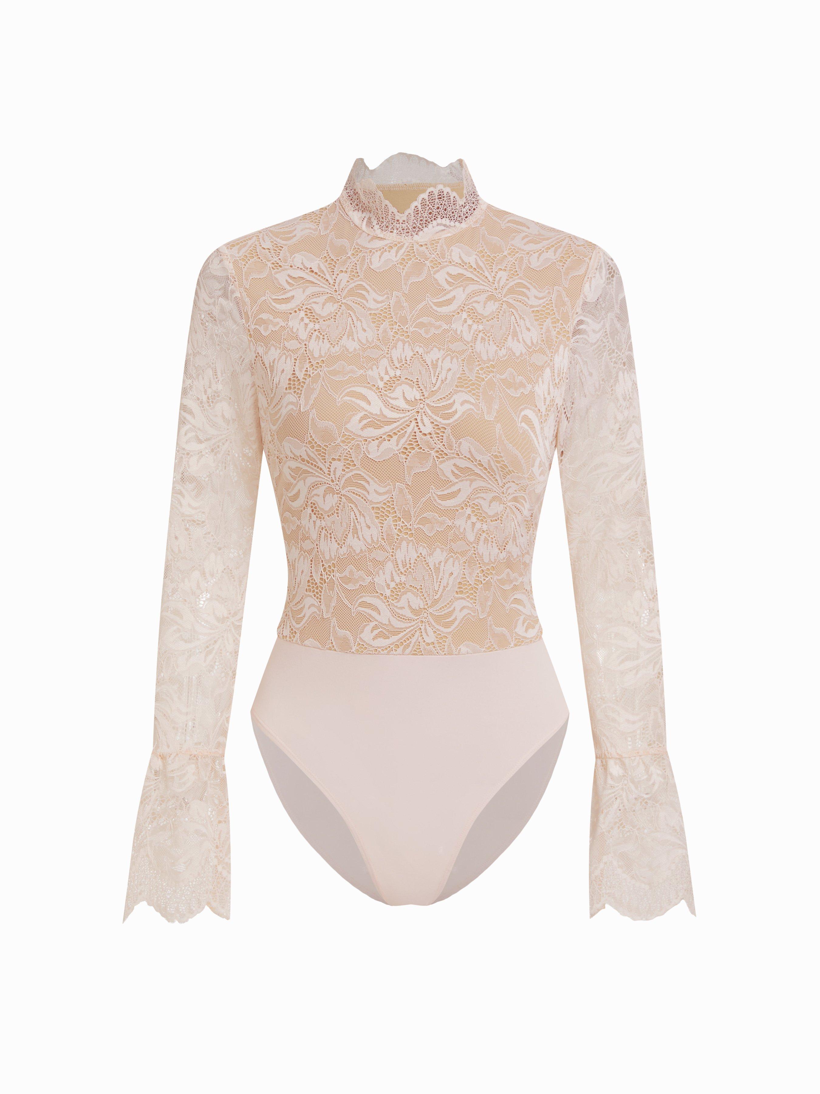 Floral Lace Stand Collar Ruffle Long Sleeve Bodysuit by CIDER