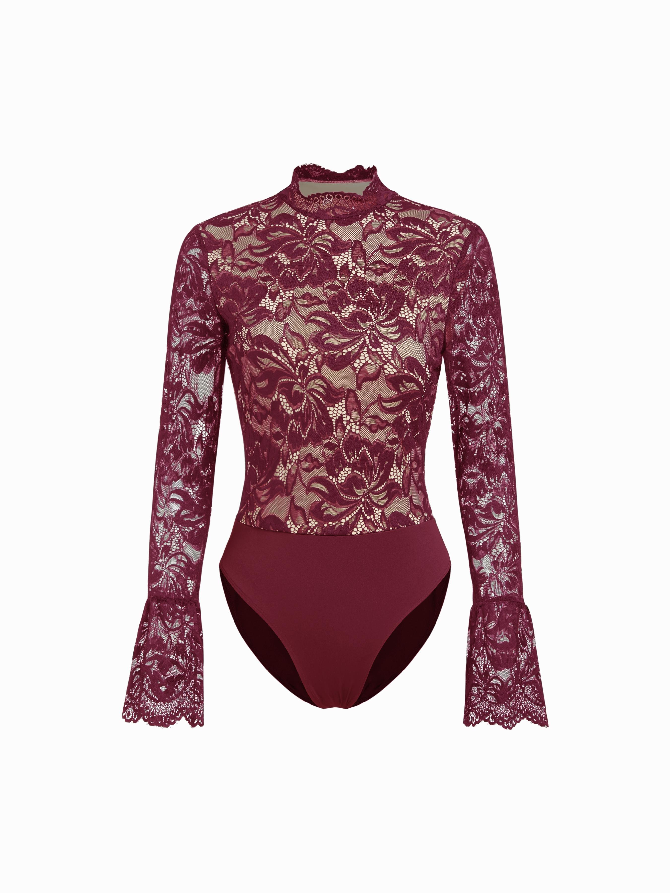 Floral Lace Stand Collar Ruffle Long Sleeve Bodysuit by CIDER