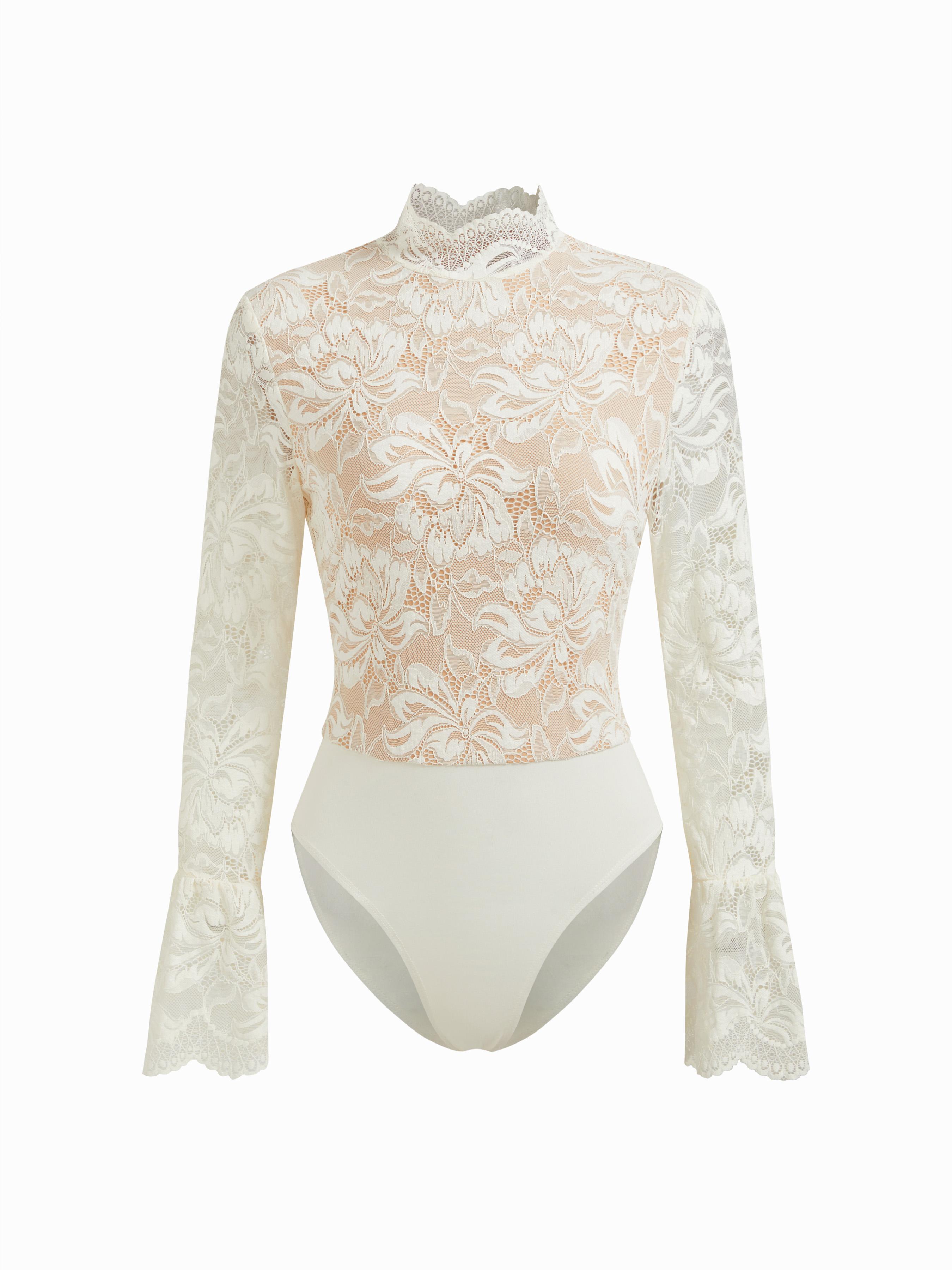 Floral Lace Stand Collar Ruffle Long Sleeve Bodysuit by CIDER