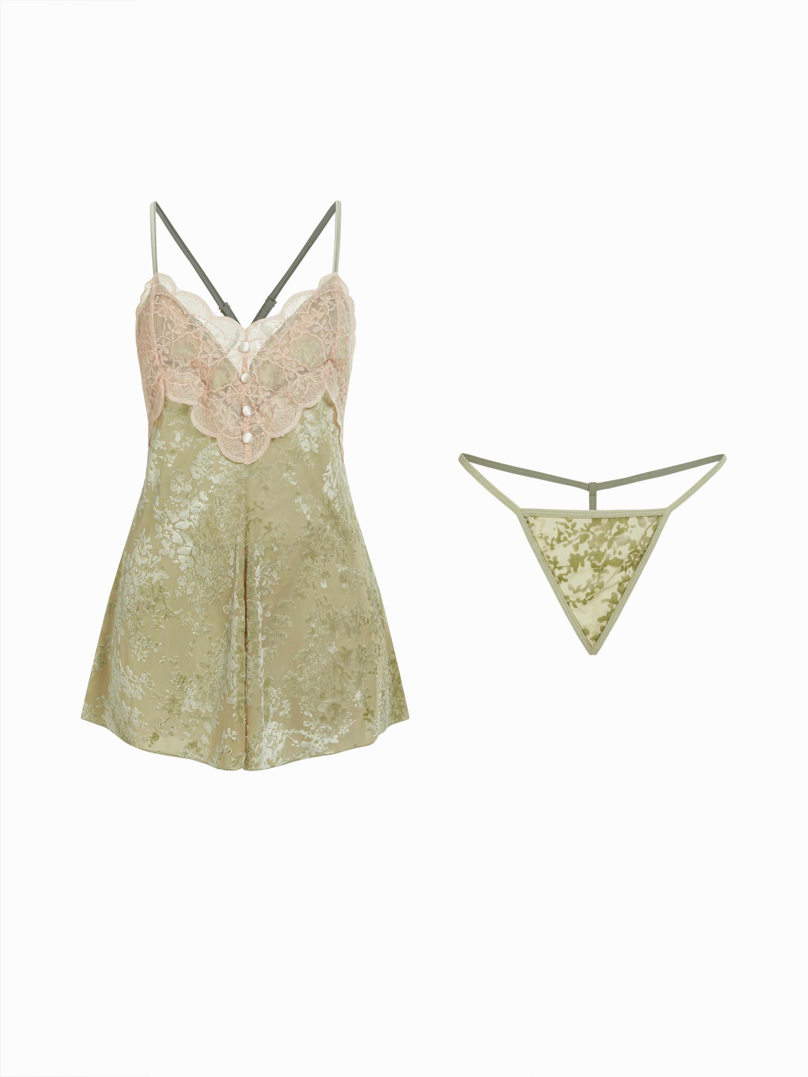 Floral Lace Sweetheart Cami Top & High Rise Thong Loungewear Set by CIDER