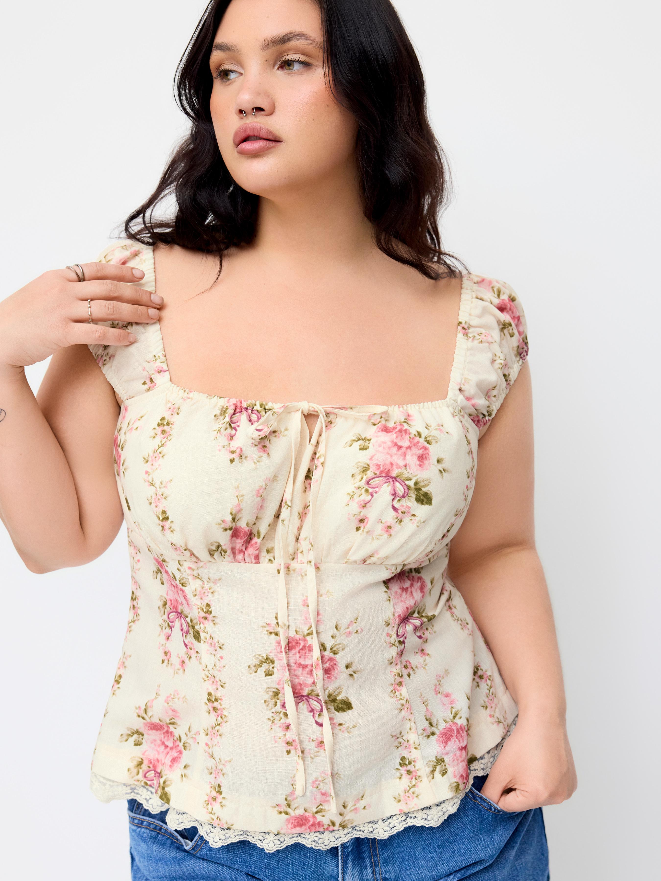 Floral Lace Trim Ruched Knotted Tank Top Curve & Plus by CIDER