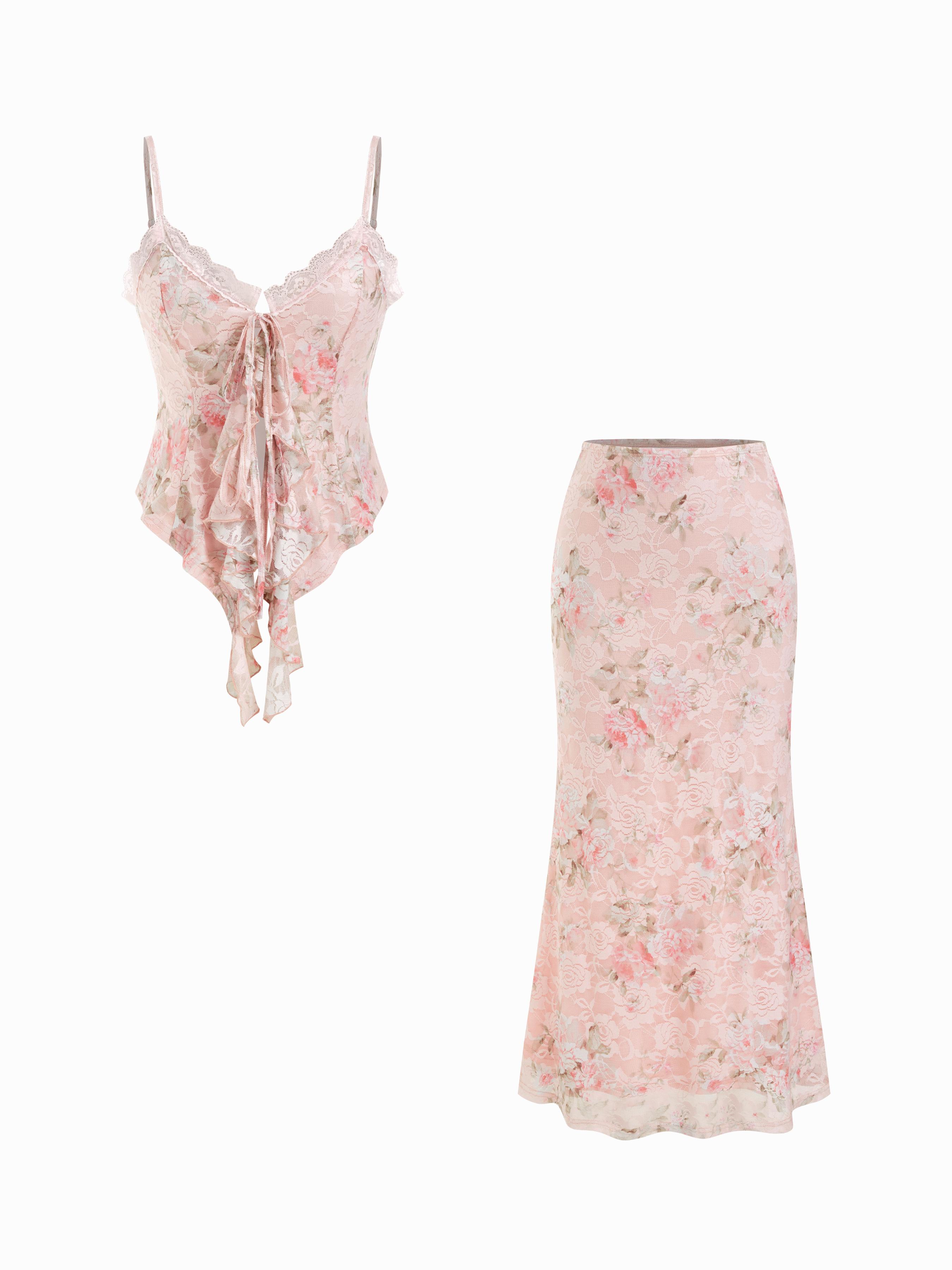 Floral Lace Trim Tie Front Cami Top & Mid Rise Bodycon Maxi Skirt Set by CIDER