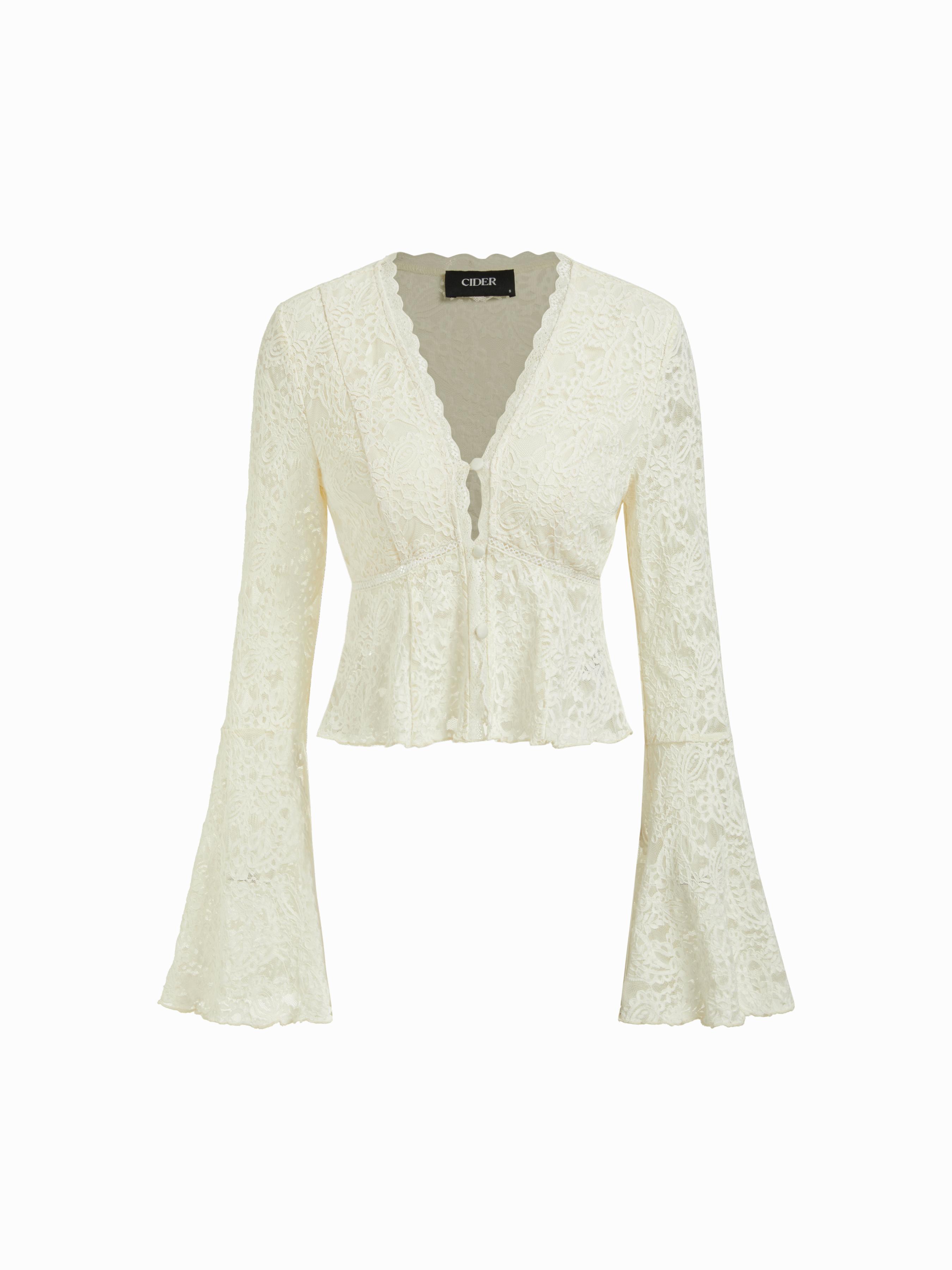 Floral Lace V-Neck Bell Sleeve Cropped Top by CIDER