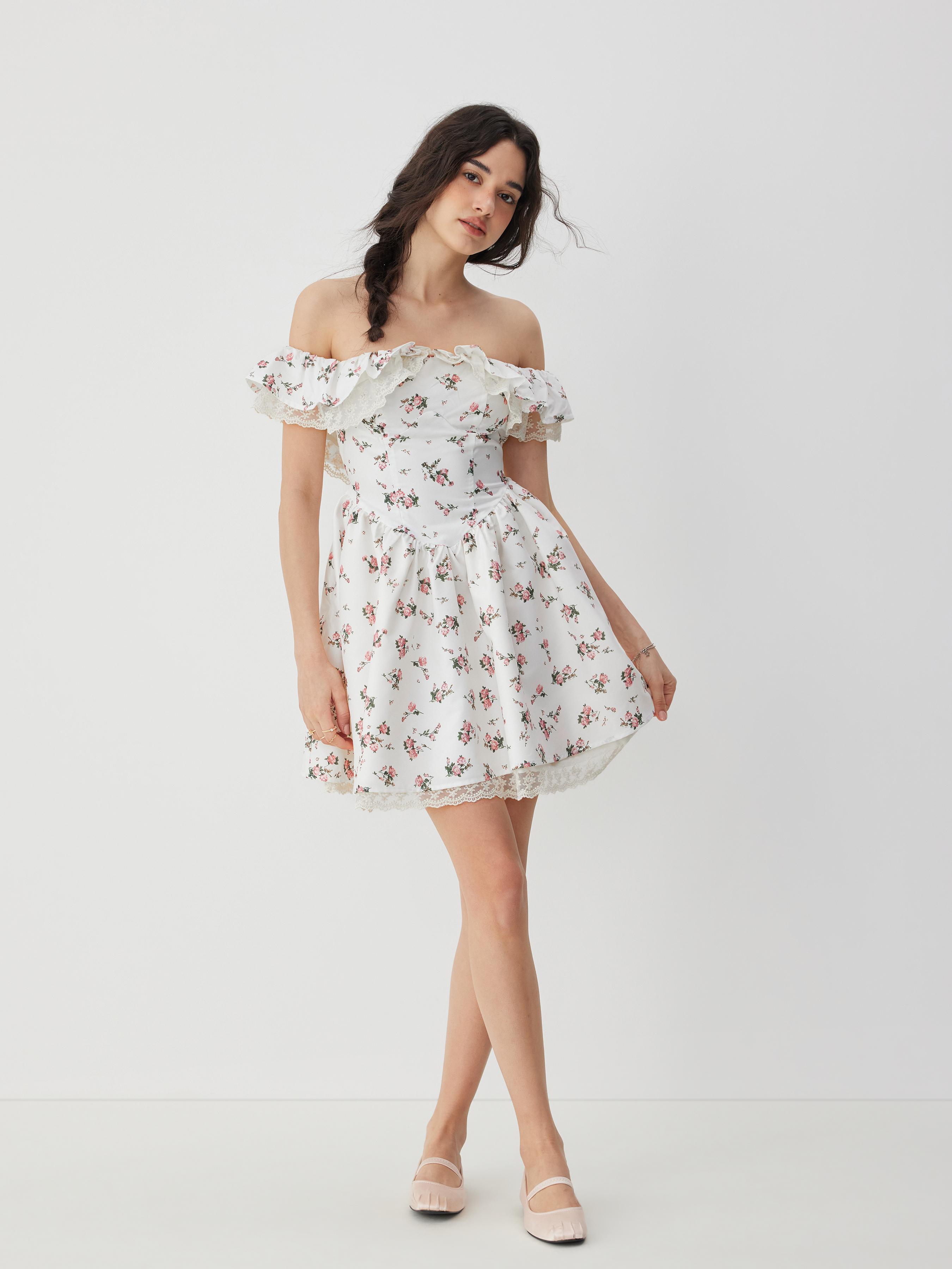 Floral Off-shoulder Ruffle Sleeve Lace Panel Babydoll Mini Dress by CIDER