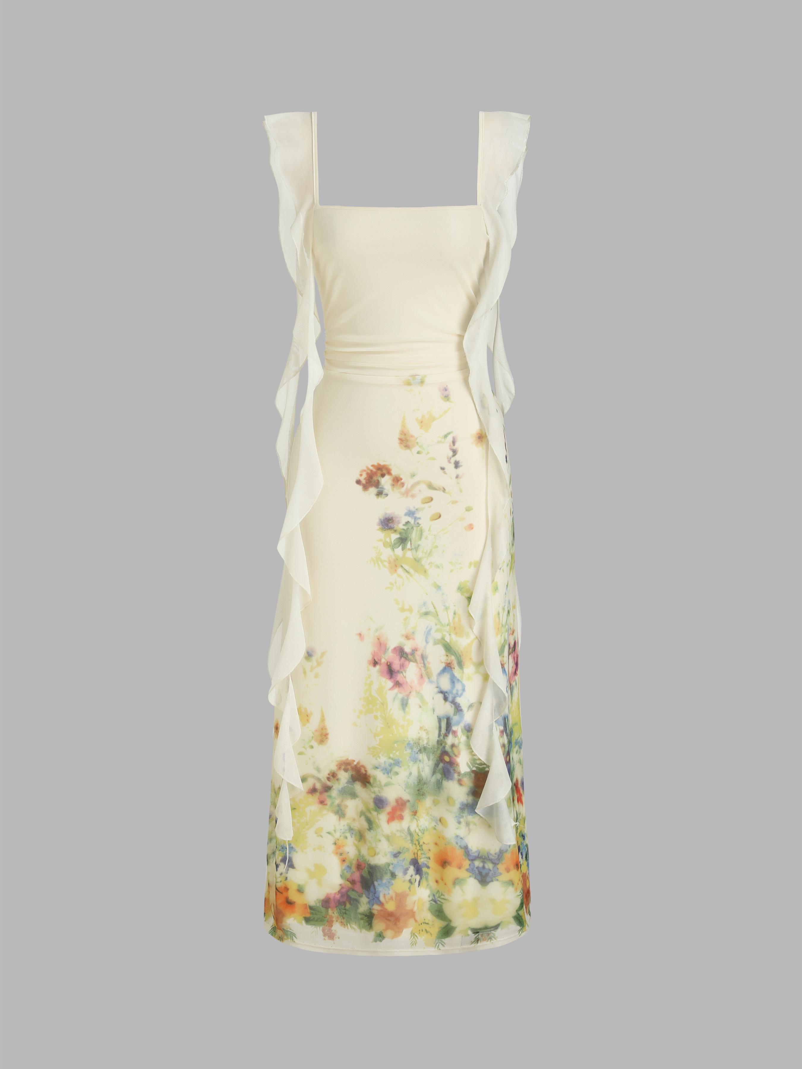 Floral Ruffle Hem Ruched Maxi Dress by CIDER