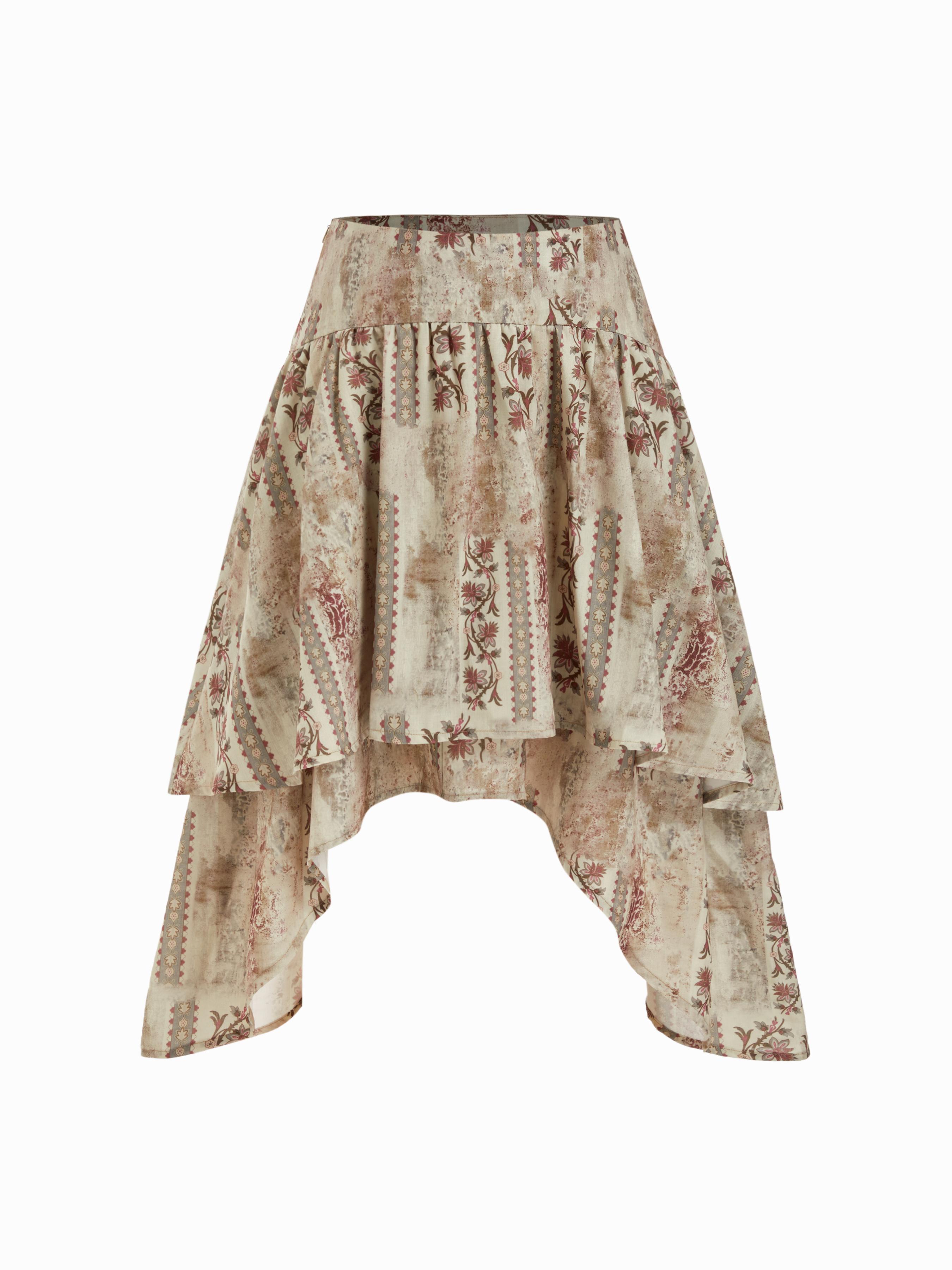 Floral Ruffled Asymmetrical Hem Flared Midi Skirt by CIDER