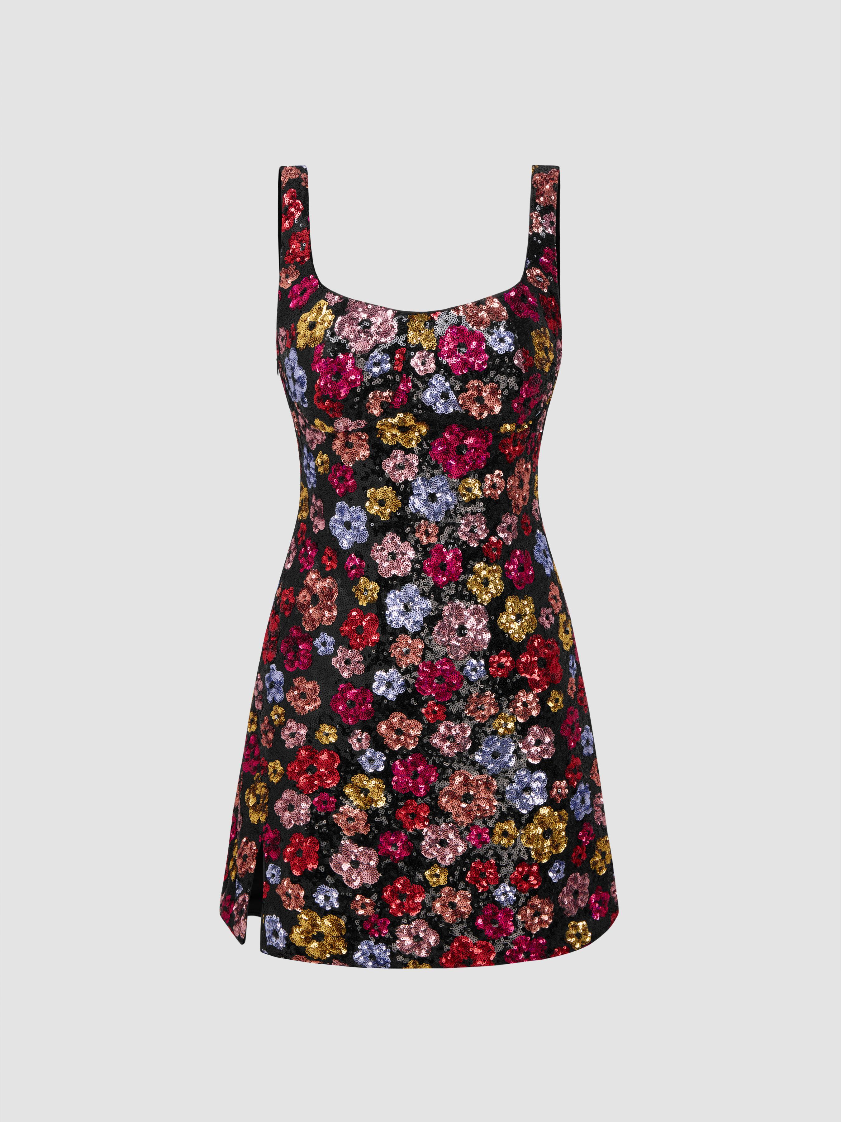 Floral Sequin Scoop Neckline Split Mini Dress by CIDER