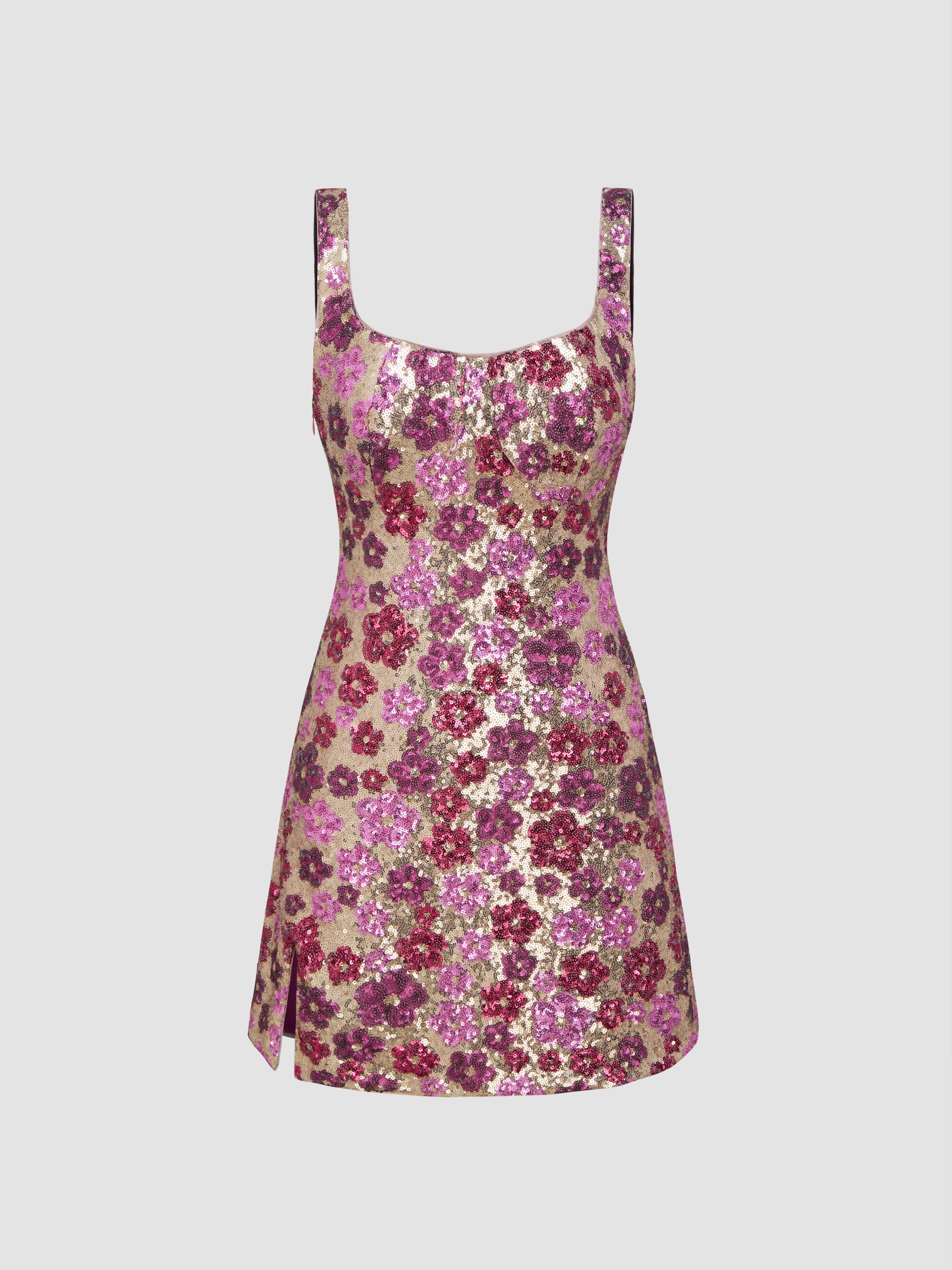 Floral Sequin Scoop Neckline Split Mini Dress by CIDER
