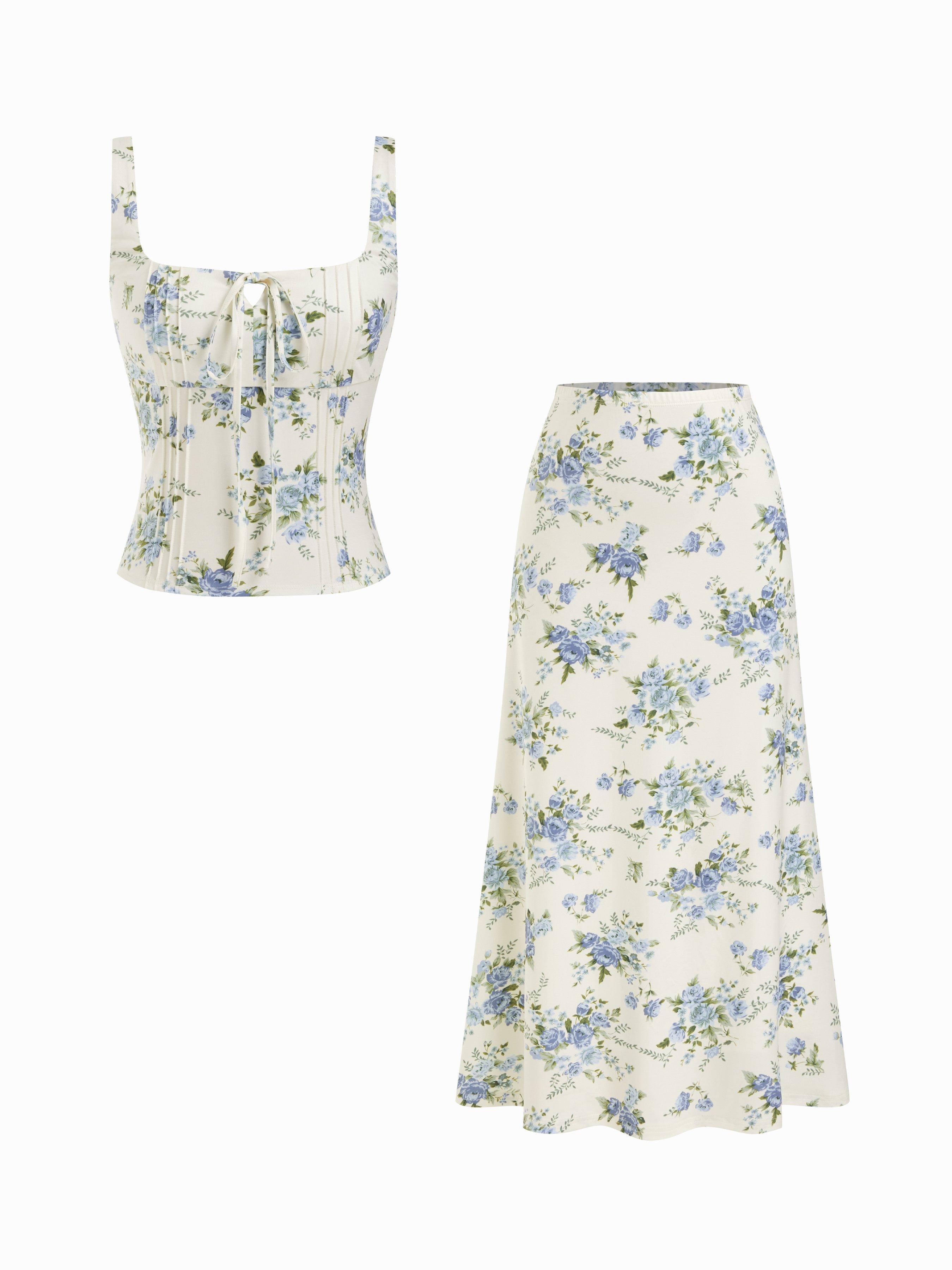 Floral Square Neck Drawstring Tank Top & Mid Rise Maxi Skirt Set by CIDER