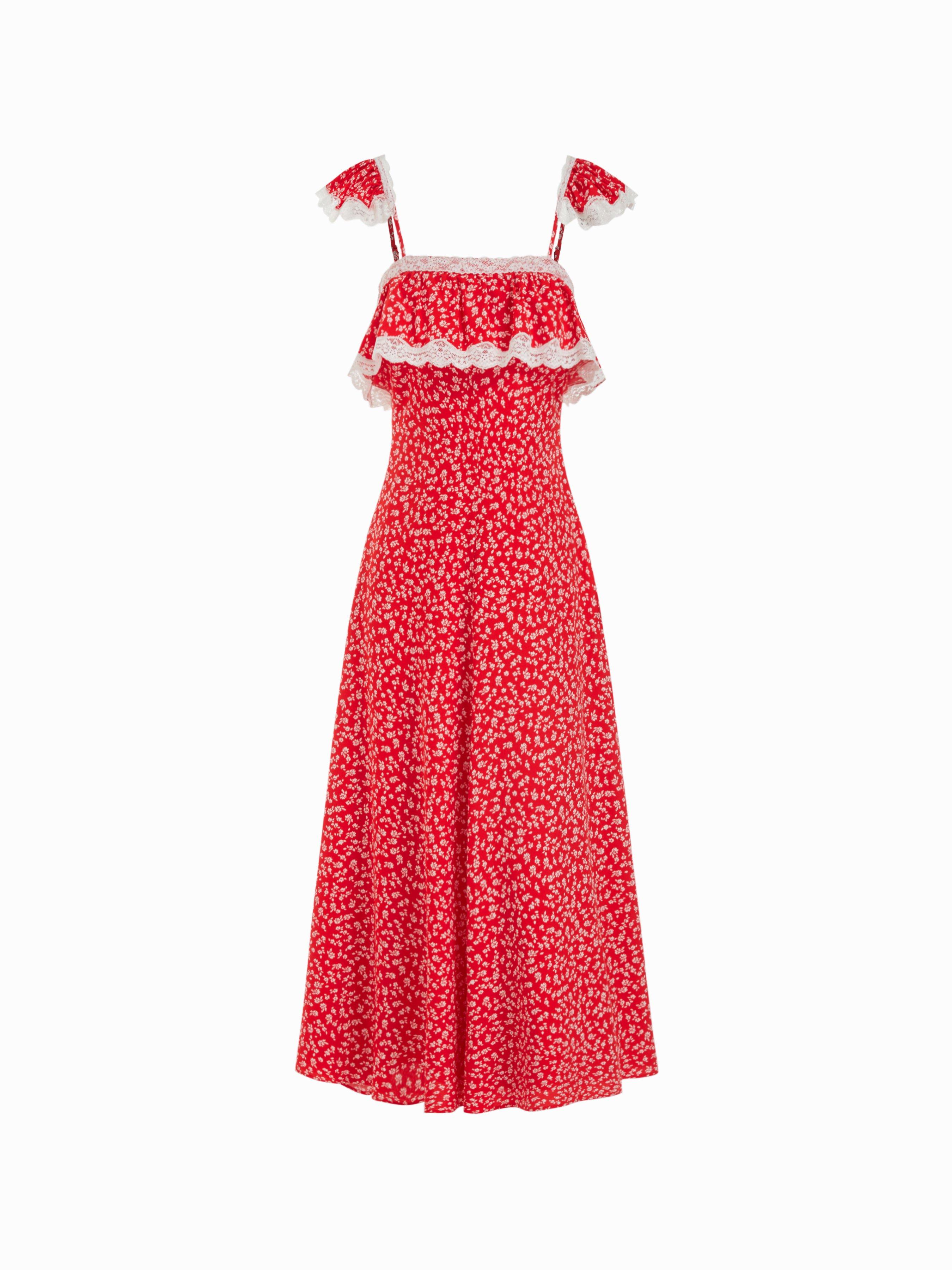 Floral Square Neck Lace Trim Ruffle Babydoll Oversized Maxi Dress by CIDER