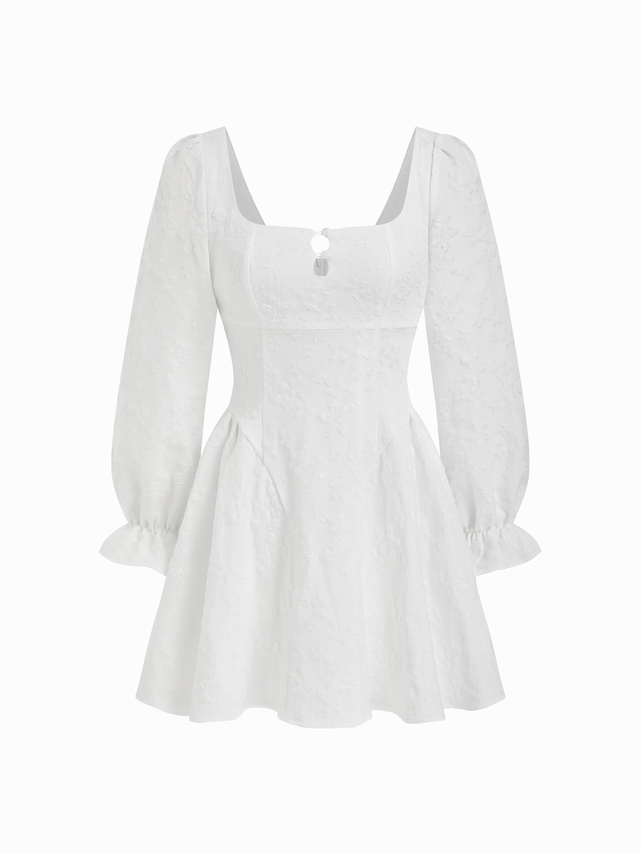 Floral Square Neck Puff Sleeve Cut Out Ruffle Tie Back Mini Dress by CIDER